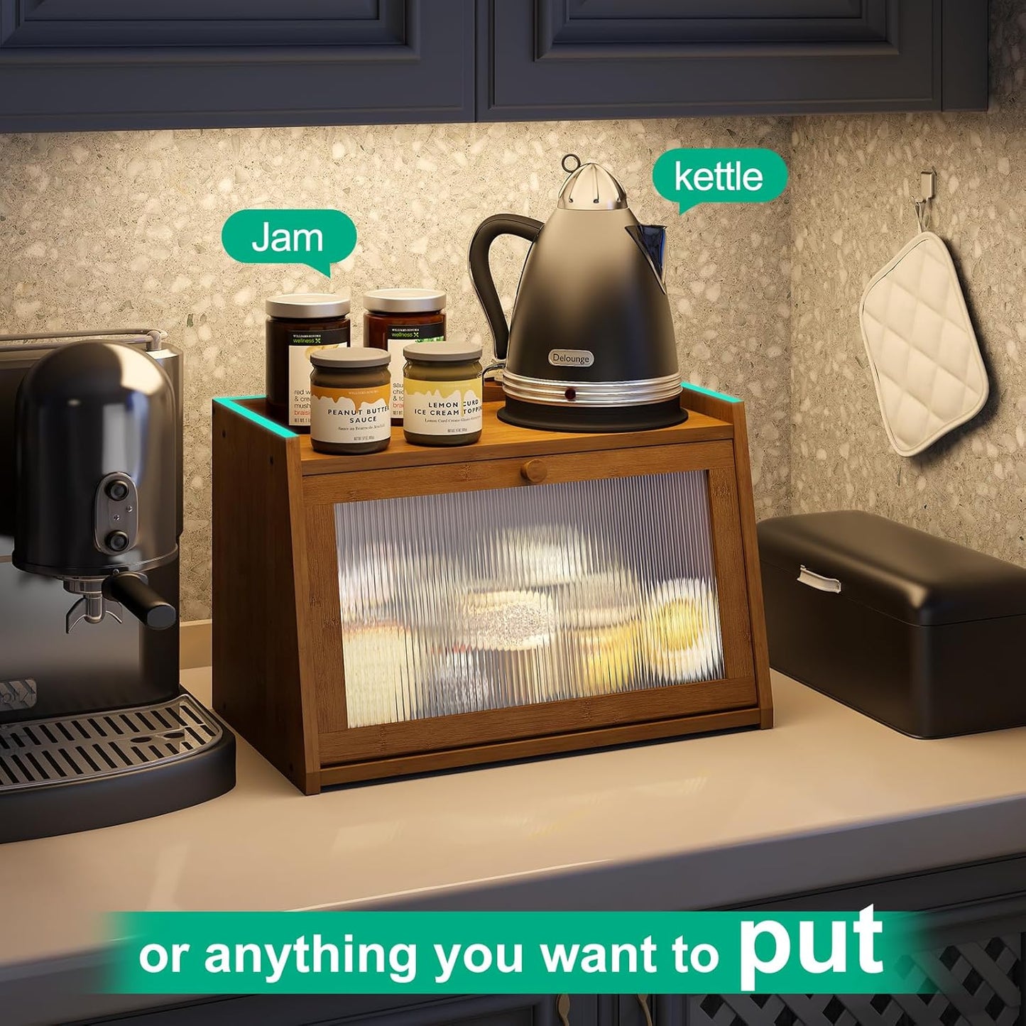 Bread Box for Kitchen Counter, Large Bamboo Bread Storage Container with Wavy Arcylic Door, Bamboo Wooden Farmhouse Bread Box for Your House (Brown, Medium)