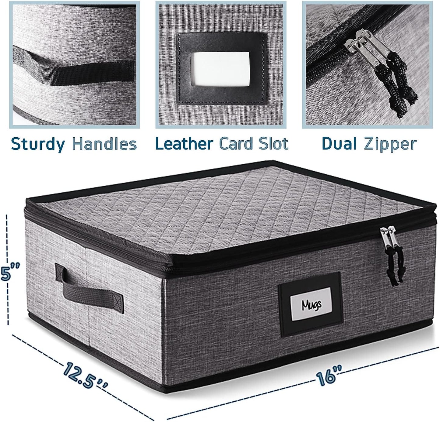 Hearth & Harbor Coffee Mug Storage, Quilted and Stackable Coffee Cup Storage Organizer for Service of 12, Mug Storage Box with Dividers, China Containers Hard Shell for Moving and Organization, Grey