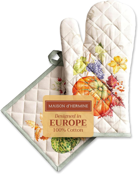 Maison d' Hermine 100% Cotton Oven Mitt & Pot Holder Set (7.5"x13" & 8"x8") Heat Resistant BBQ Cooking Gloves with Loop, Baking, Grilling, Kitchen, Handling Hot Pans (Lumina)
