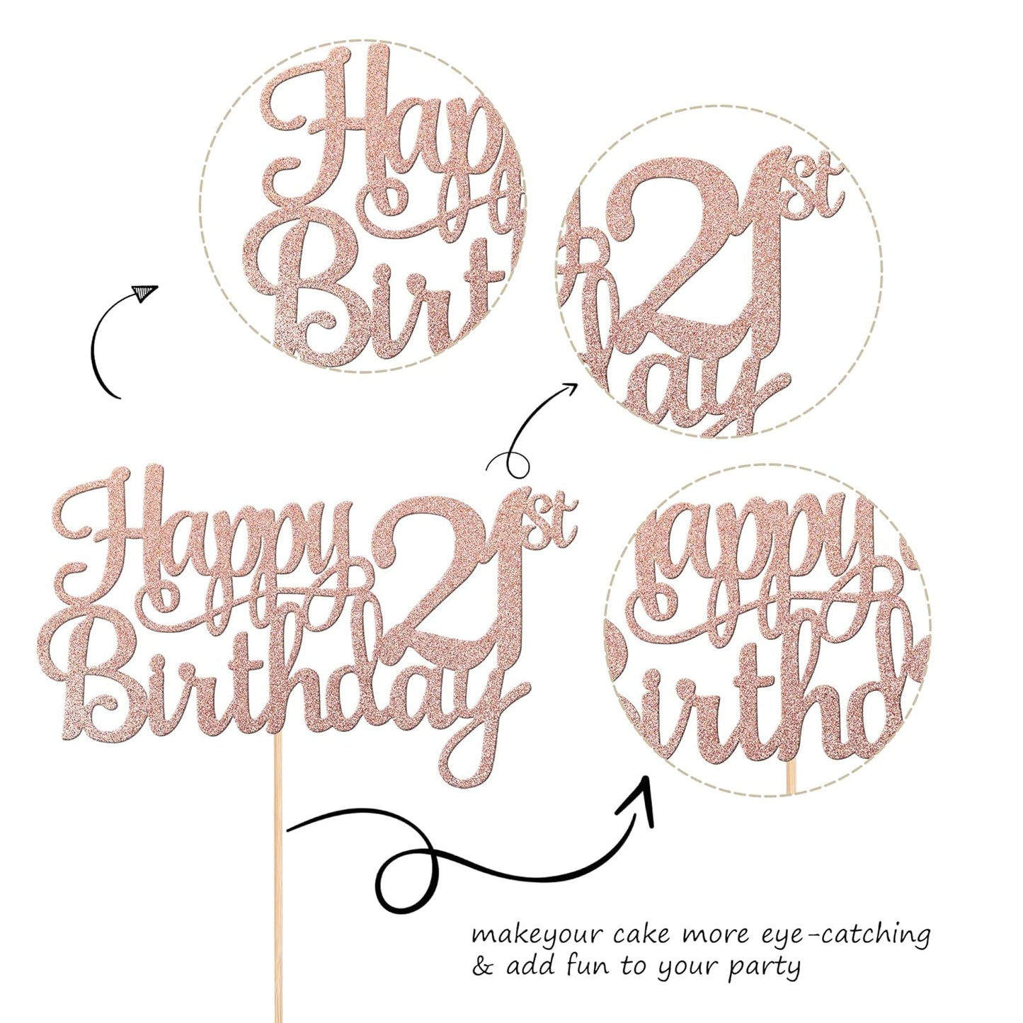 1 PCS Happy 21st Birthday Cake Topper - Glitter Cheers to 21 Years - Fabulous Cake Decoration for 21st Birthday Theme Party - Rose Gold