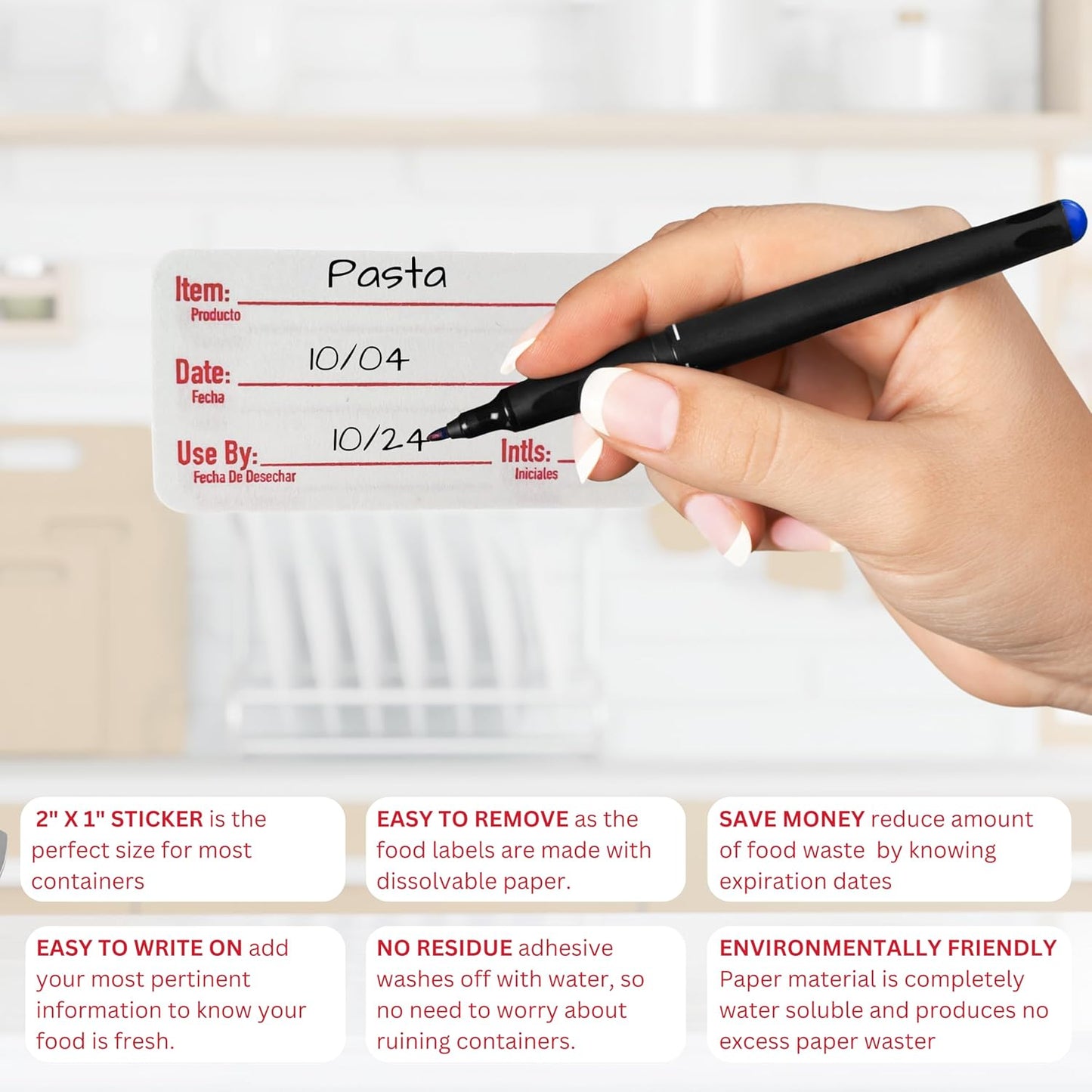2x1 Dissolvable Food Labels, 1000 Label Stickers, Bottle Labels for Storage Bins, Sticker Labels for Food containers, (1000, Red)