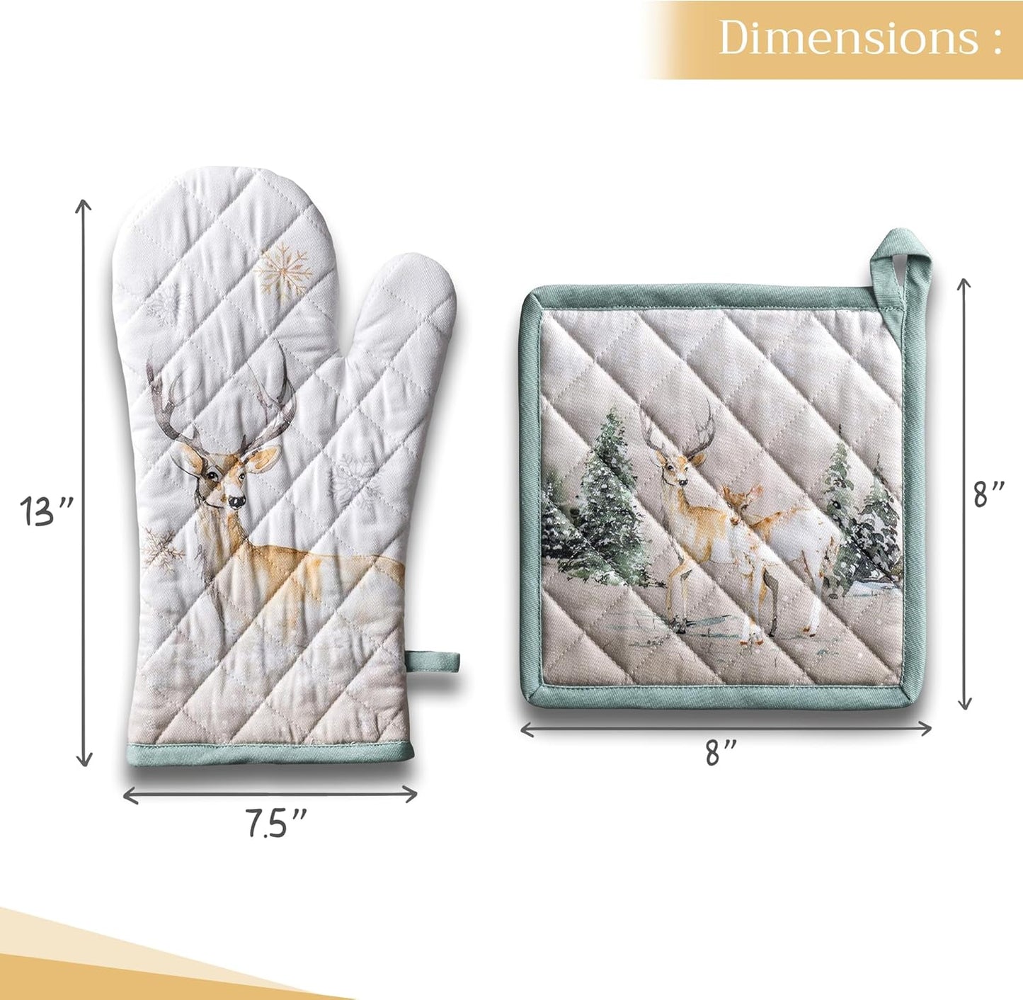 Maison d' Hermine 100% Cotton Oven Mitt & Pot Holder Set (7.5"x13" & 8"x8") Heat Resistant BBQ Cooking Gloves with Loop, Baking, Grilling, Kitchen, Handling Hot Pans (Deer in The Woods)