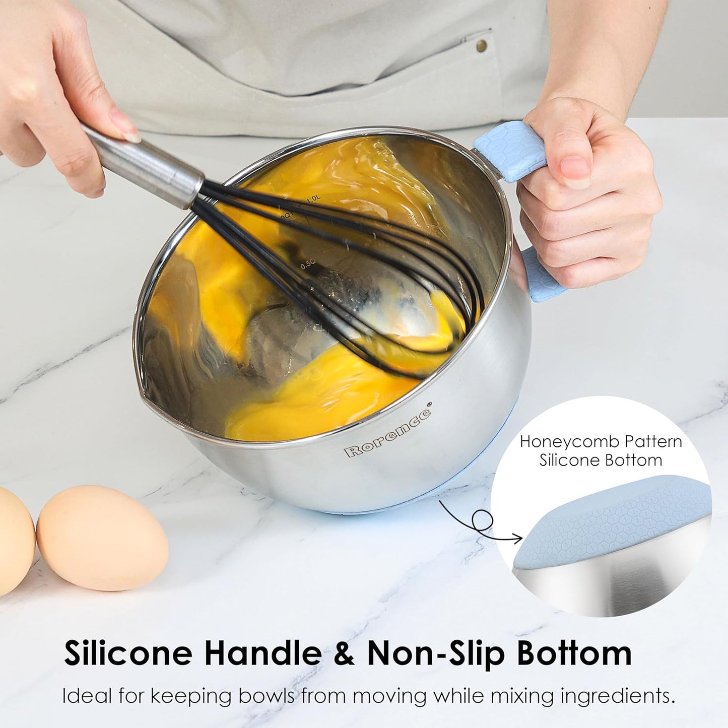 Rorence Stainless Steel Mixing Bowls Set: Non-Slip Silicone Bottom Kitchen Bowls with Pour Spout, Handle and Lid - Set of 3 - Light Blue