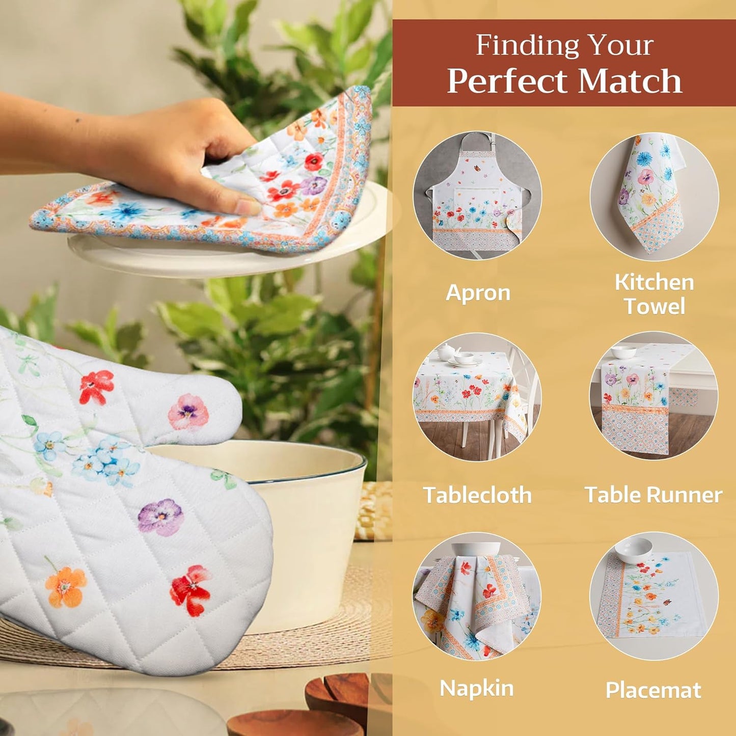 Maison d' Hermine Oven Gloves 100% Cotton Oven Mitt 7" x 13" with Loop Heat Resistant, BBQ, Cooking Gloves, Baking, Grilling, Kitchen, Handling Hot Pans Spring/Summer (Pack of 1, Summer Whisper)