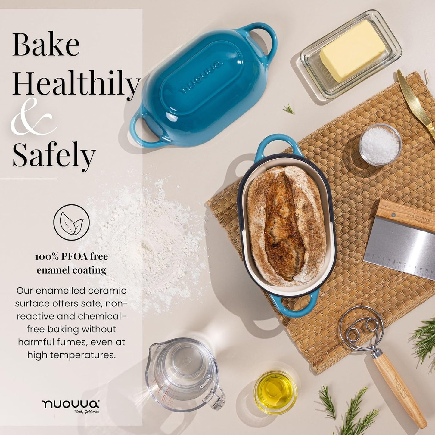 Dutch Oven For Sourdough Bread Baking – Enamelled Cast Iron Bread Loaf Pot – Oven Safe Non Stick Bread Pot – Rectangular,Light Blue, 24cm x 16cm – by Nuovva