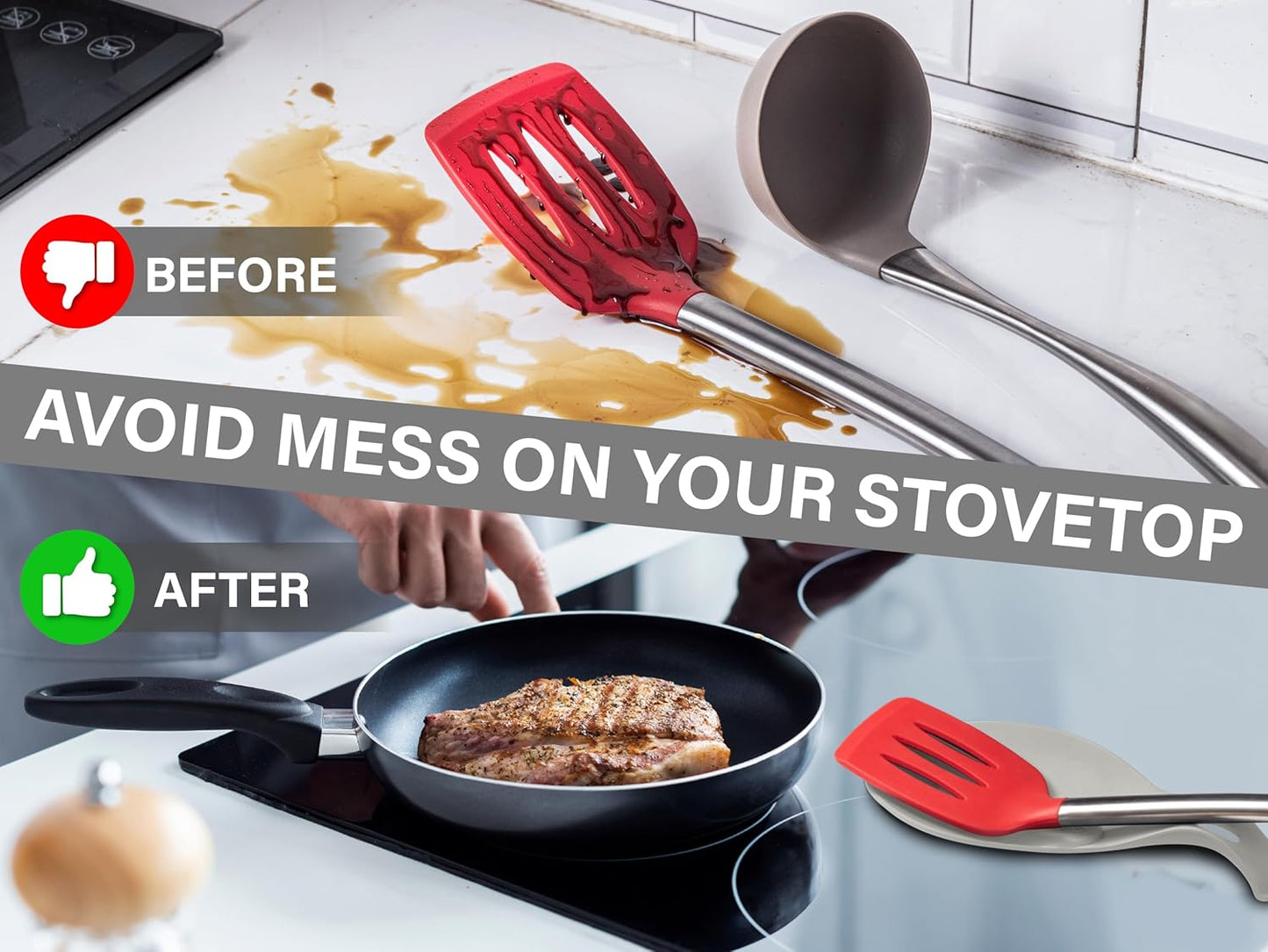 Silicone Spoon Rest for Stove Top, Set of 2 - HEAT RESISTANT, EASY TO CLEAN Kitchen Spoon Rest for Kitchen Counter, Holds XL Utensils, Safe on GLASS & INDUCTION Cooktops, DOESN’T BREAK if Dropped