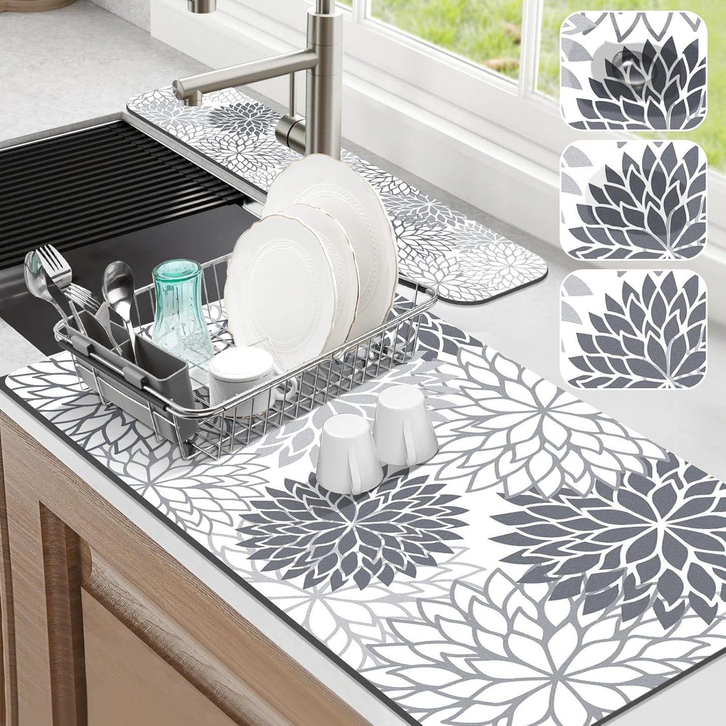 Findosom 2PCS 17" x 32" Dish Drying Mat & 24" x 5.5" Sink Splash Guard, Super Absorbent & Cuttable Dish Mat Drying Kitchen Mat with Gray Floral, Hide Stain Drying Mat for Kitchen Counter