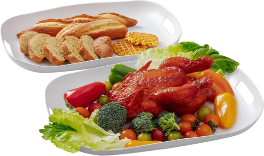 Extra Large Serving Platter, Set of 2, 18.75 x 14.375 x 2 Inch Large Melamine Serving Tray with Handle,Rectangular Serving Trays for Party, Big Turkey Platter, Dishwasher Safe, Matte White