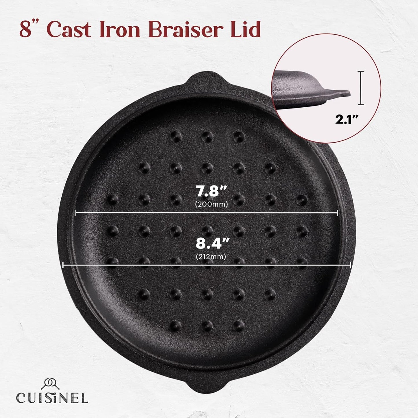 Cuisinel Cast Iron Lid - Fits 8"-Inch / 20.32cm Lodge Skillet, Frying Pans or Braiser + Silicone Handle Holder + Care Guide - Pre-Seasoned Replacement Cover - Indoor/Outdoor, Oven, Open Fire, BBQ Safe