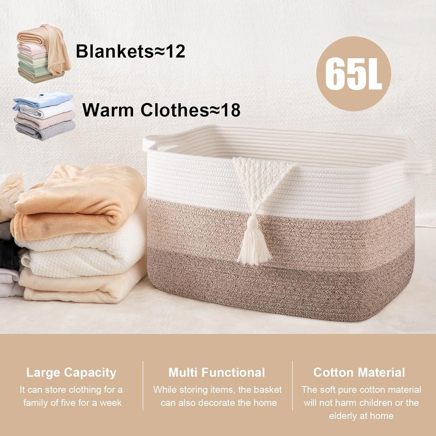 65L Large Storage Basket, Cotton Rope Woven Blanket Basket, Toy Storage for Baby Room, Living Room, Gradient Yellow