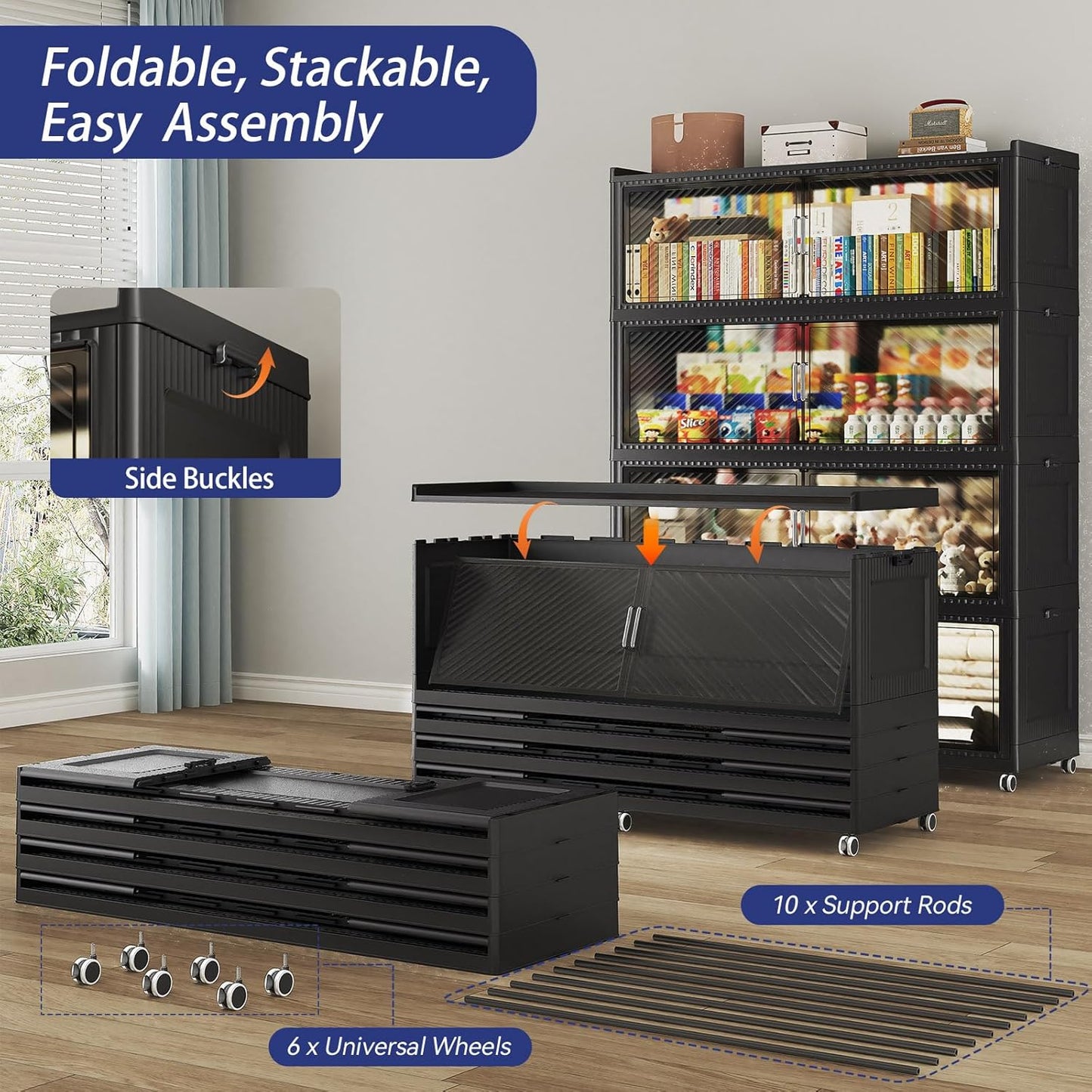 150GAL Extra Large Storage Bins with Lid, 600QT Plastic Stackable Storage Bins with 6x Wheels, Collapsible Closet Organizer and Storage Drawer Cabinet for Living Room Office Dorm, 3Pack Black