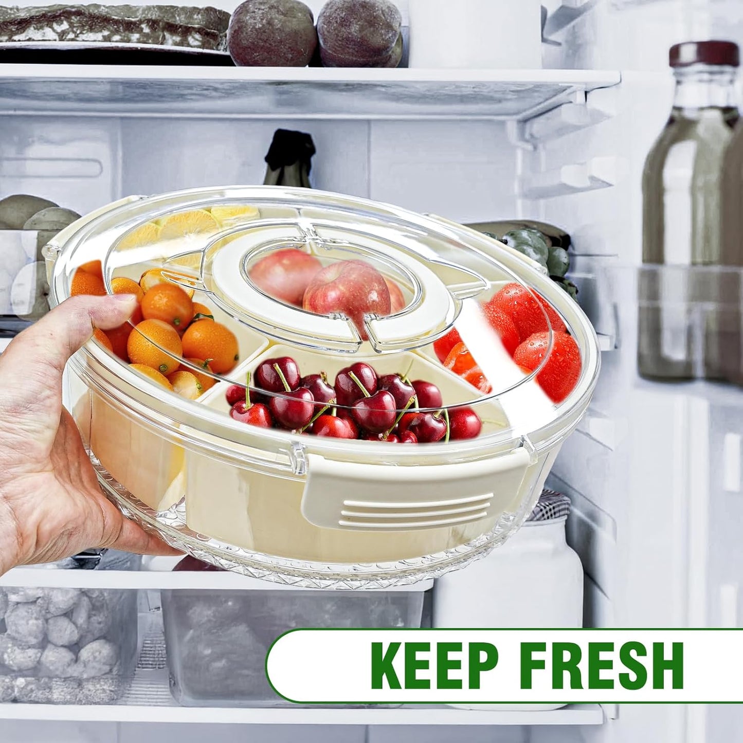 Divided Rotating Serving Tray with Lid & Handle, Portable Snack Spinner for Fruits, Veggies, Charcuterie, Party, Travel, Picnic, and Fridge Storage 2PCS