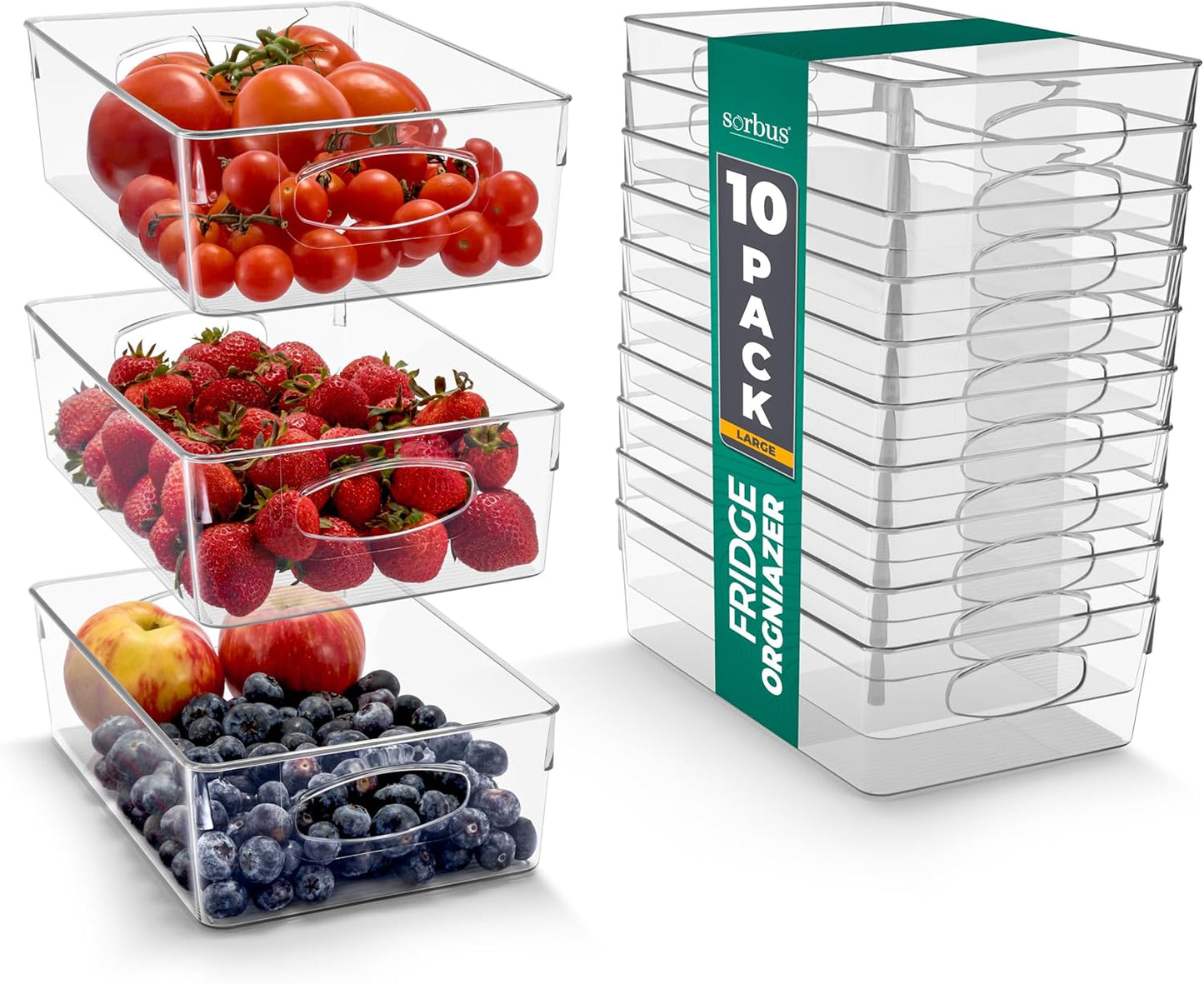 Sorbus 10-Pack Large Clear Plastic Organizing Bins – Clear Bins for Organizing, Refrigerator Organizers, Fridge Organizer, Pantry Storage, Kitchen Organizer, and Pantry Organizers and Storage Bins