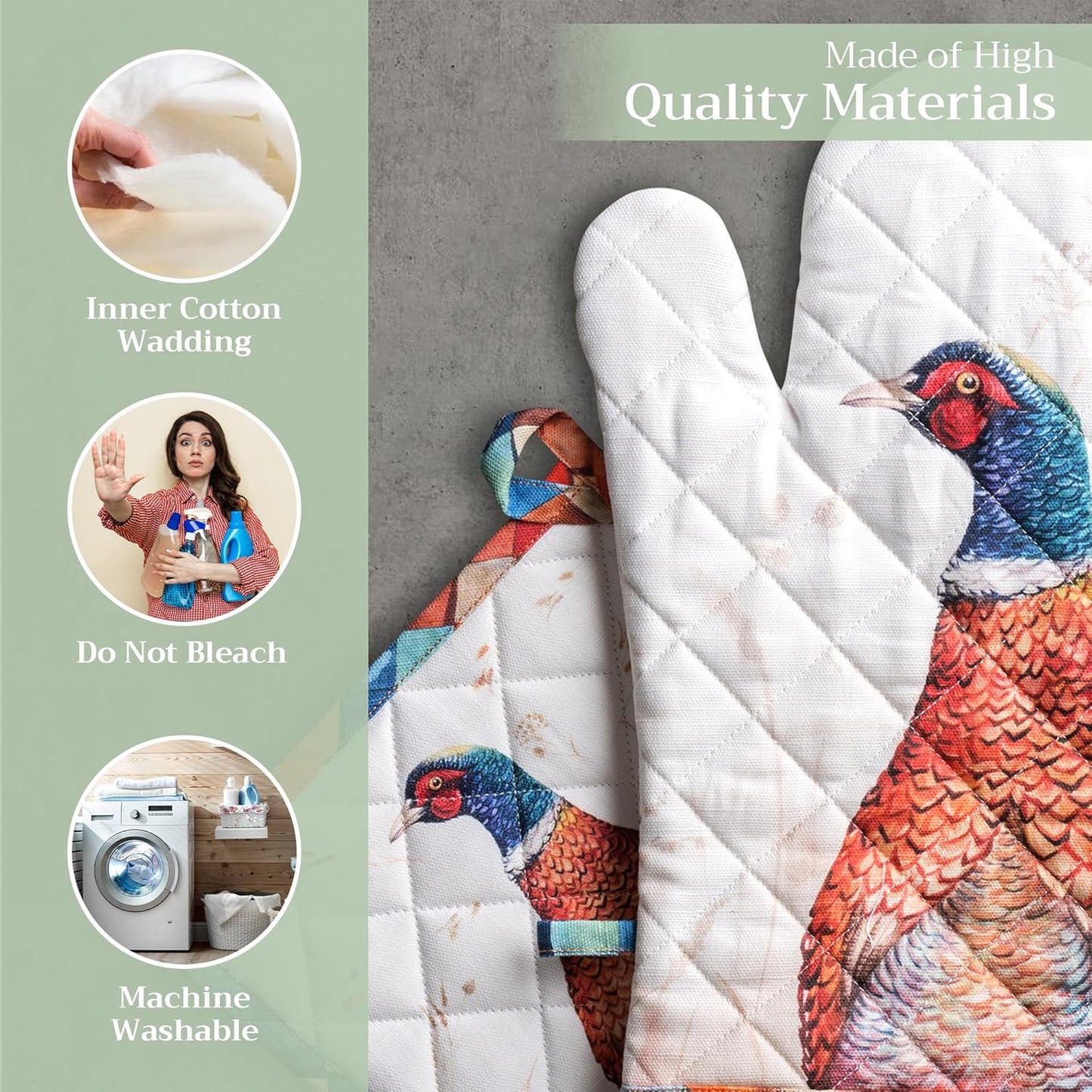 Maison d' Hermine 100% Cotton Oven Mitt & Pot Holder Set (7.5"x13" & 8"x8") Heat Resistant BBQ Cooking Gloves with Loop, Baking, Grilling, Kitchen, Handling Hot Pans (Faisan D'Automne)