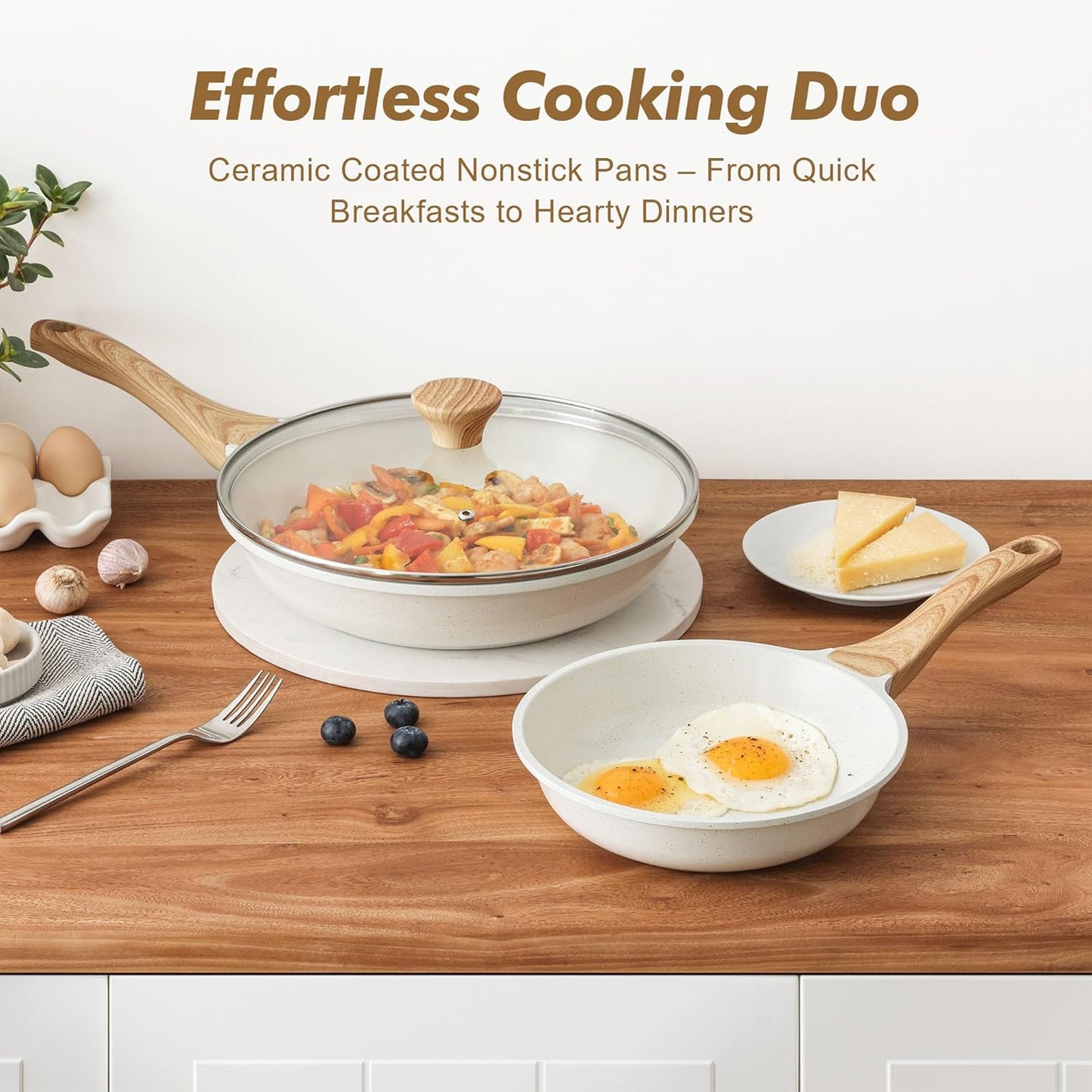 SENSARTE Nonstick Frying Pan Skillets, White Ceramic Coating Omelette Pans, Healthy Cookware Chef's Pan, Free of Intentionally Added PTFE & PFAS (8+11Inch with Lid)