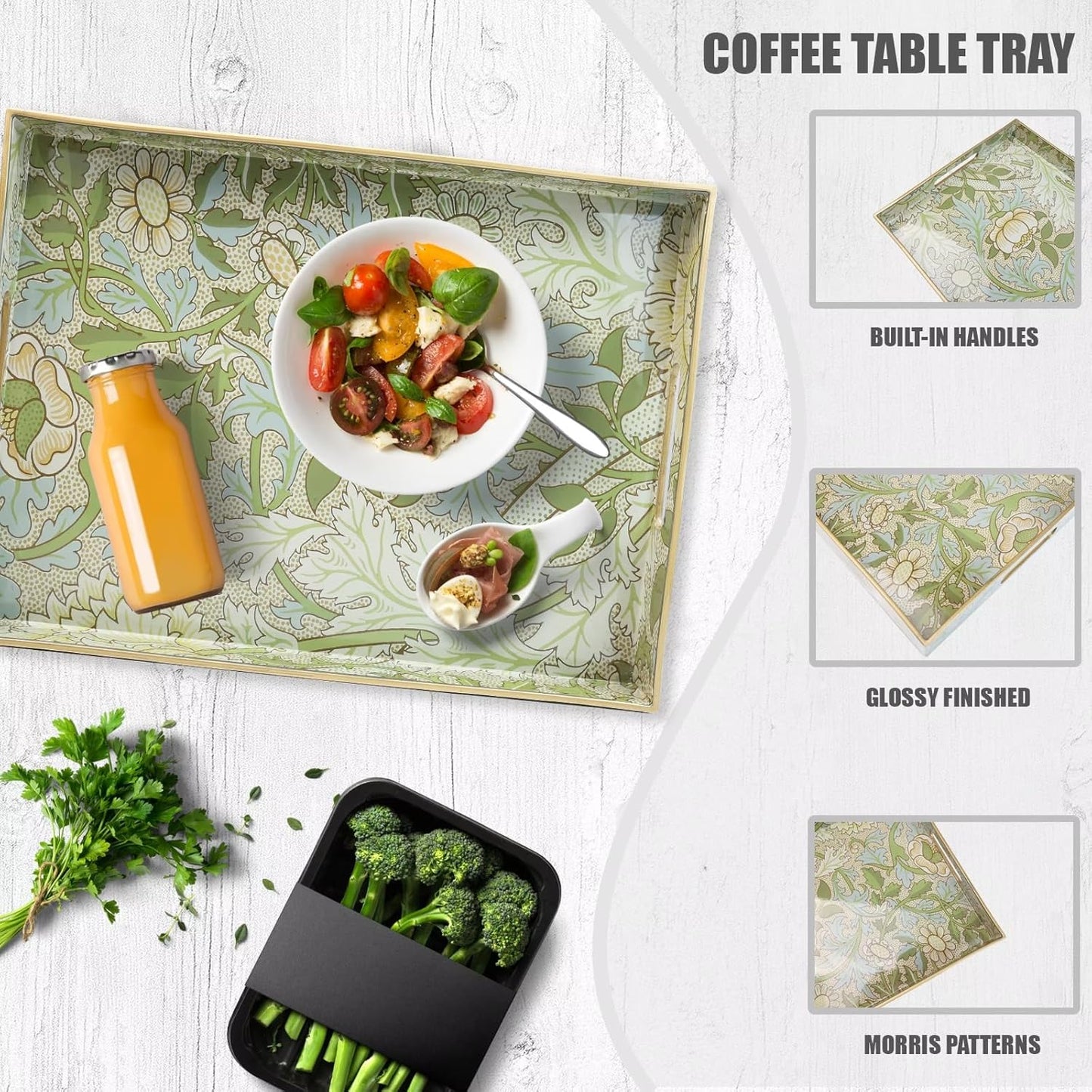 Spsyrine Serving Tray with Handles, Plastic Decorative Tray for Coffee Table, Living Room, Home Decor, Dianthus