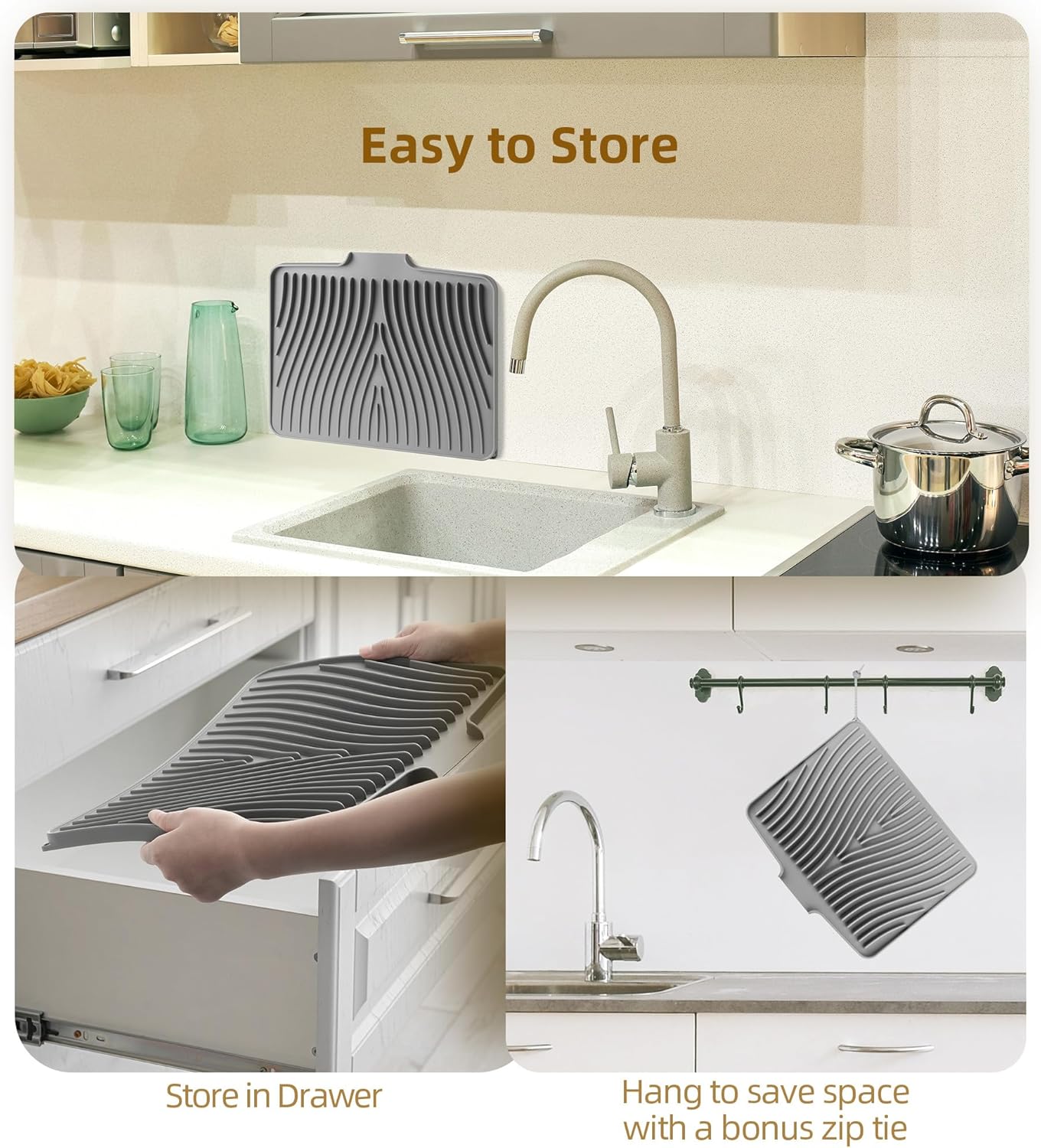 Fuyit Silicone Dish Drying Mat with Raised Drain Lip, Inclined Design, 16" x 13" Heat Resistant Non-Slip Mat for Kitchen Counter or Sink (Gray）