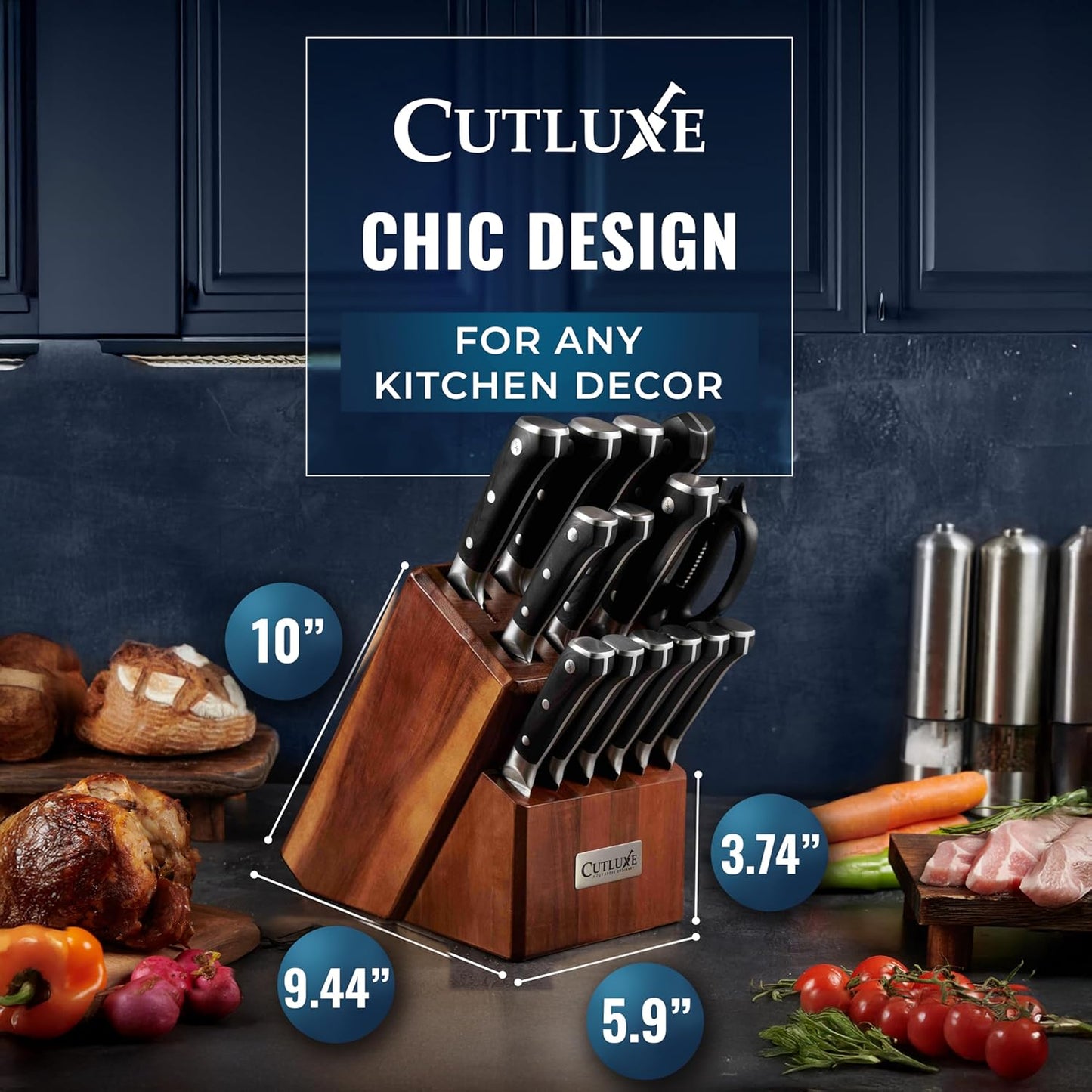 Cutluxe 15-Piece Knife Set – Premium Acacia Wood Block – Knife Set for Kitchen, Ultra Sharp High Carbon German Stainless Steel, Full Tang – Artisan Series