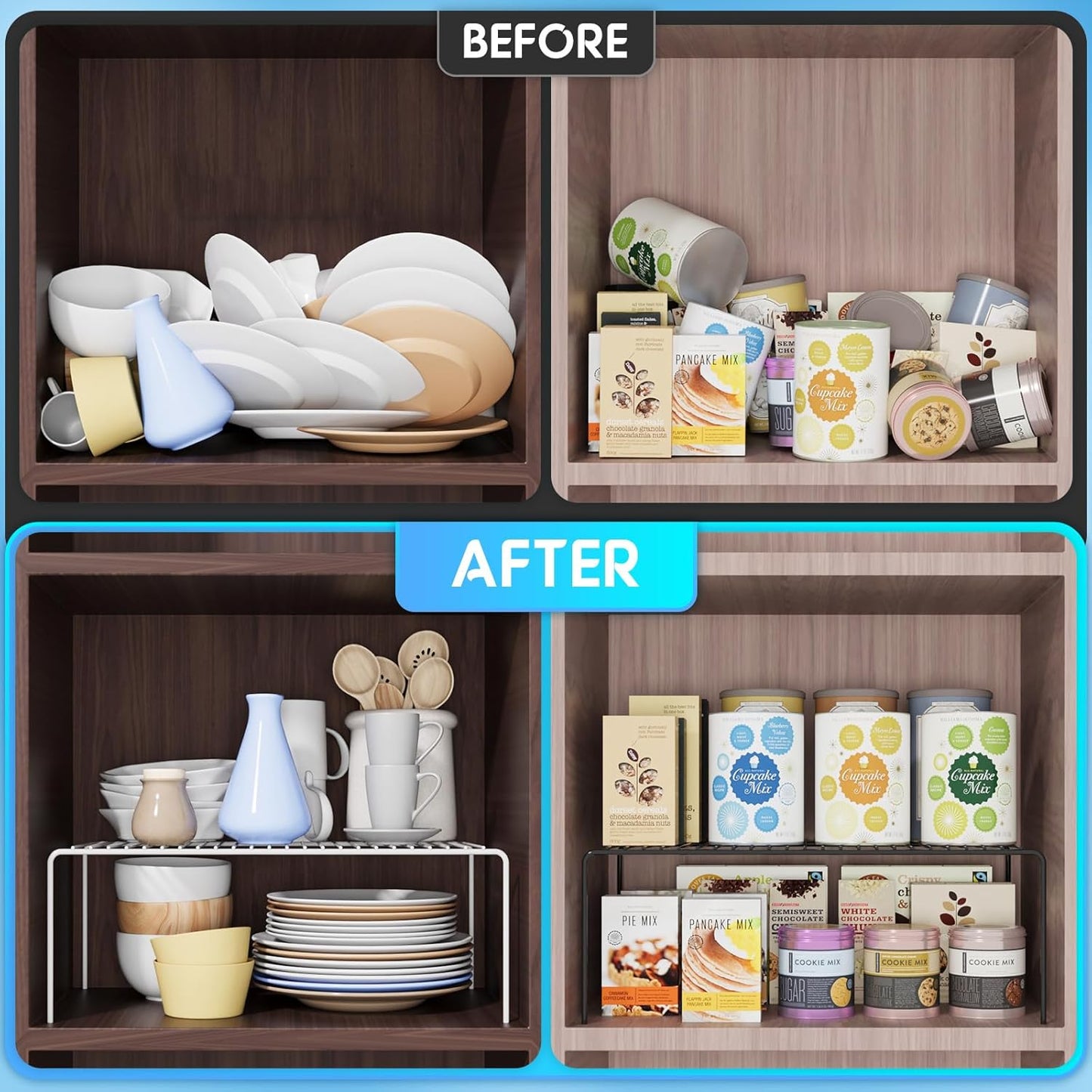 Large(15.7 x 9.4 inch)Black Cabinet Storage Shelf Rack Set of 4, Rustproof Metal Wire Kitchen Counter Organizers and Storage, Spice Organization for Cabinet, Plate, Dish, Pantry, Bathroom, Fridge