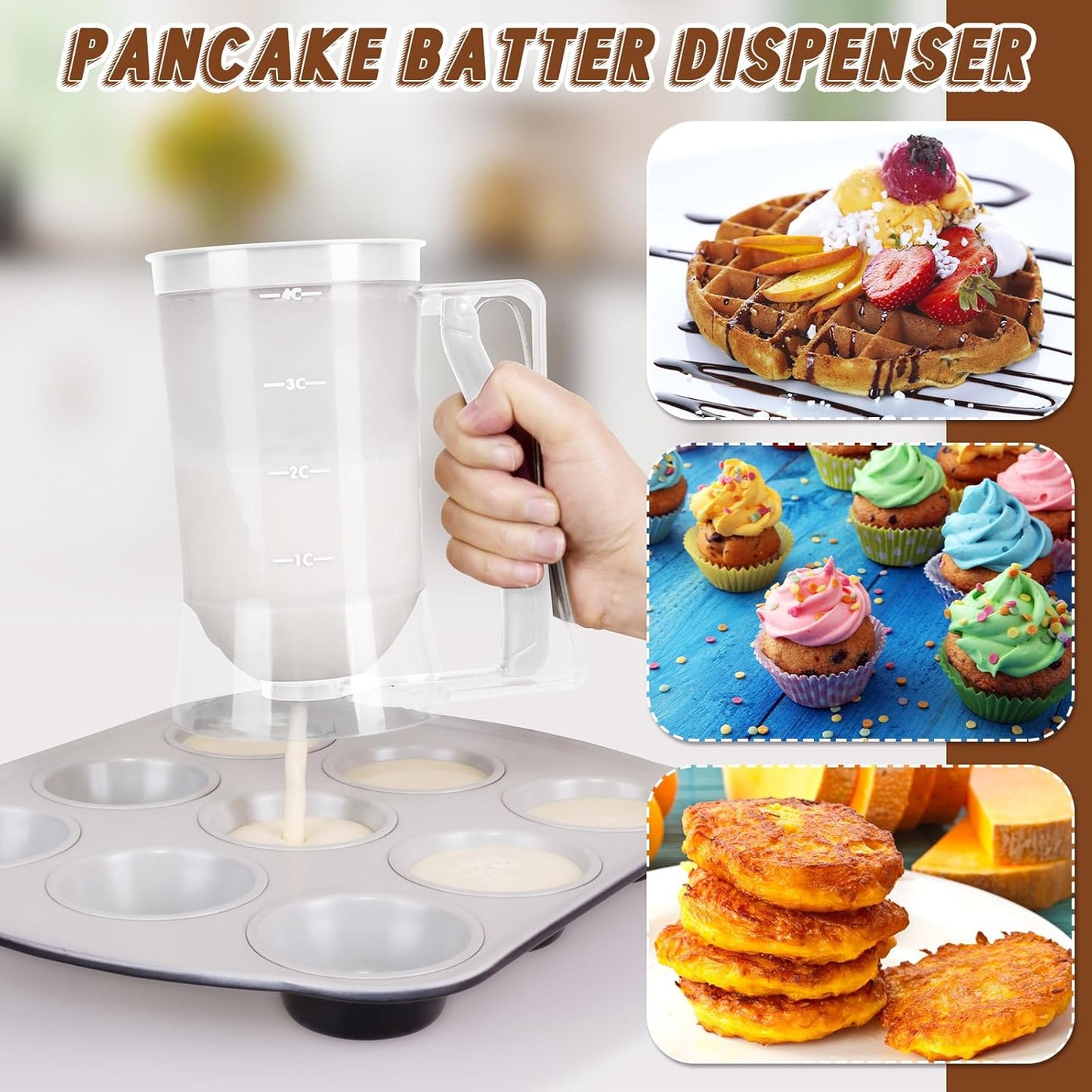 2 Pcs Cupcake Batter Dispenser Pancake Mix Dispenser 4 Cups with Squeeze Handle Tools for Pancake, Cupcake, Cookie, Cake, Waffles, Ice Cream Baking Gifts for Kitchen Housewarming (White)