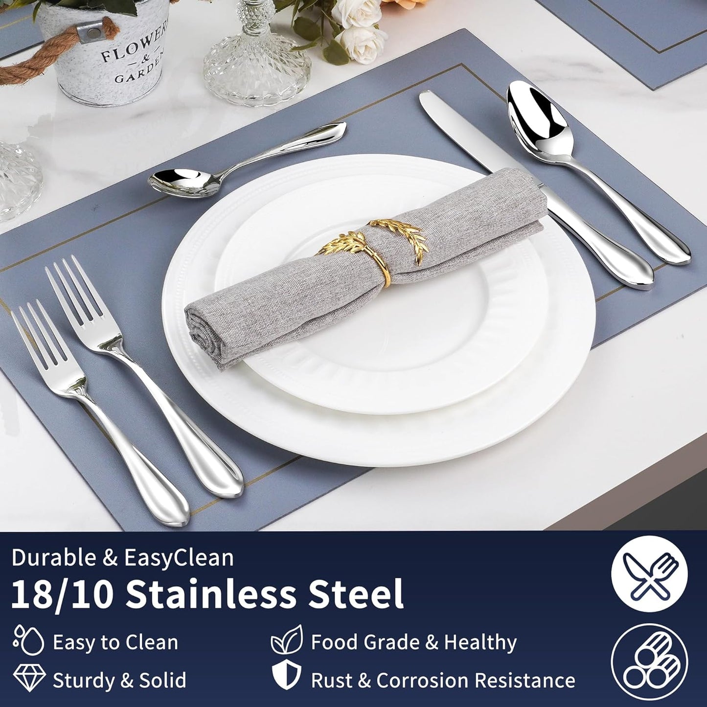 18/10 Stainless Steel Flatware, Heavy Duty Silverware Set for 8, Forged Thick Kitchen Silverware, Dishwasher Safe, Ideal for Gift