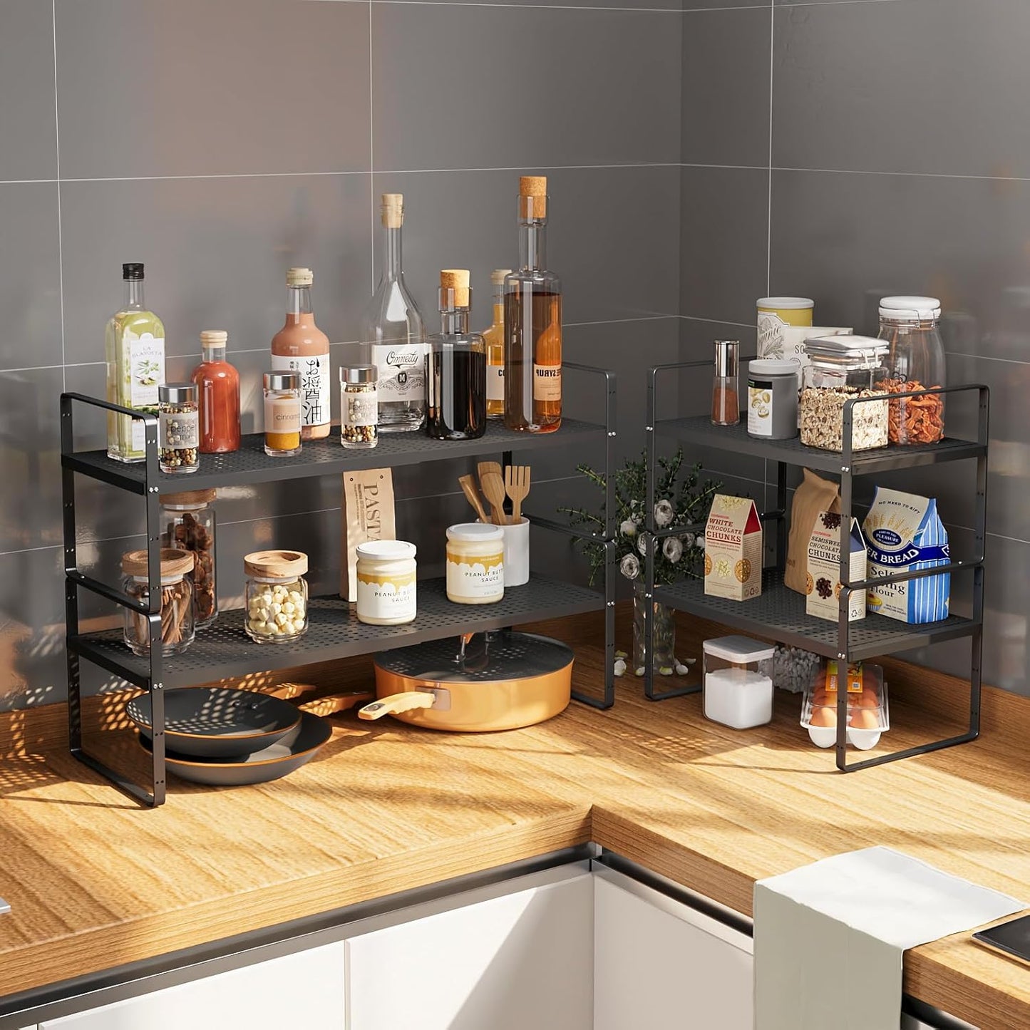 Hole Pattern Expandable Shelf Organizer,2Pack 10.2" Wide Easy to Assemble Cabinet Organizer Shelf, 16.5~27.1" Adjustable Height&Stackable Spice Organization for Cupboard, Black