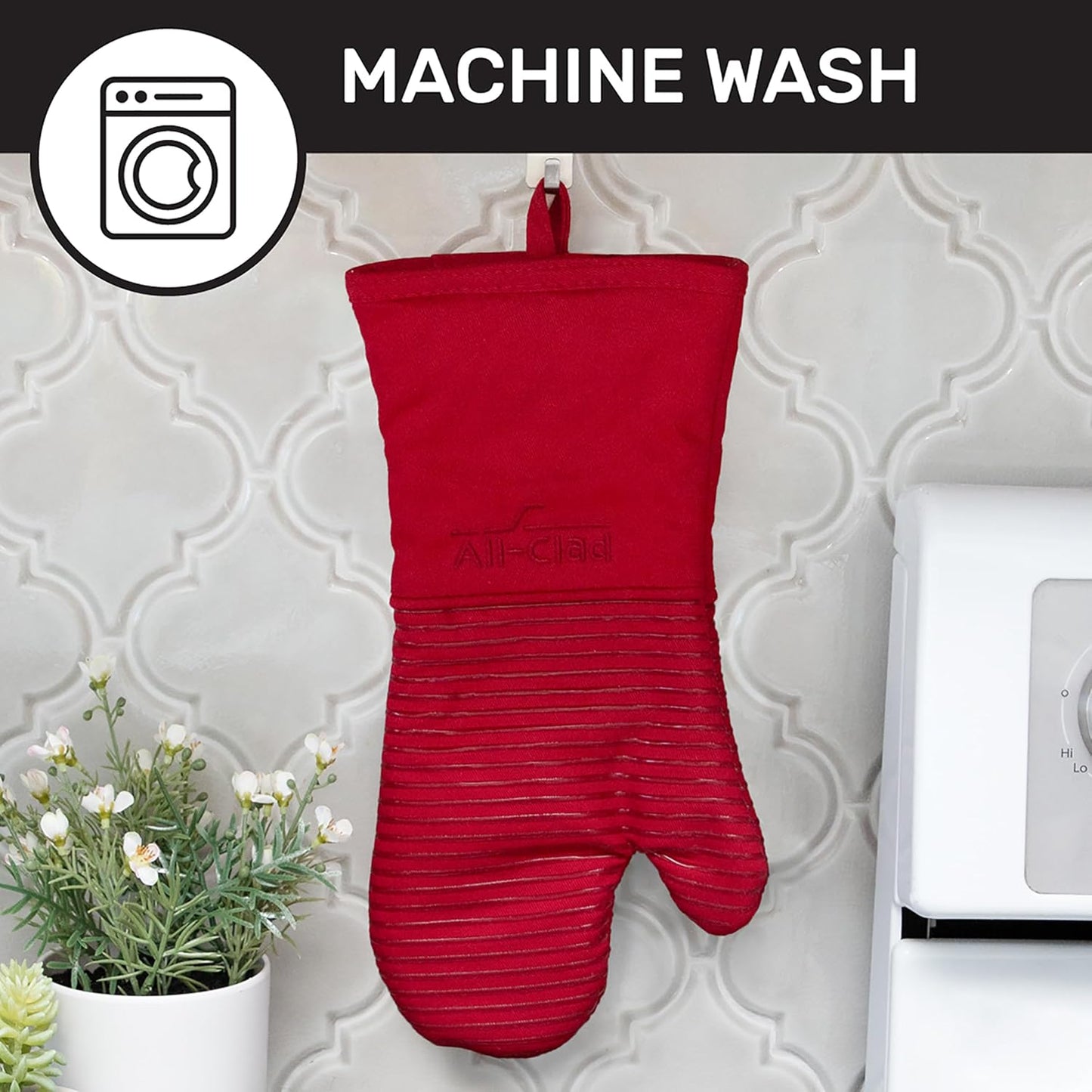 All-Clad Silicone Oven Mitts: Heat Resistant up to 500 Degrees - 100% Cotton & Silicone, 14"x7" Oven Mitt for Kitchen and Barbeque, 2-Pack, Chili