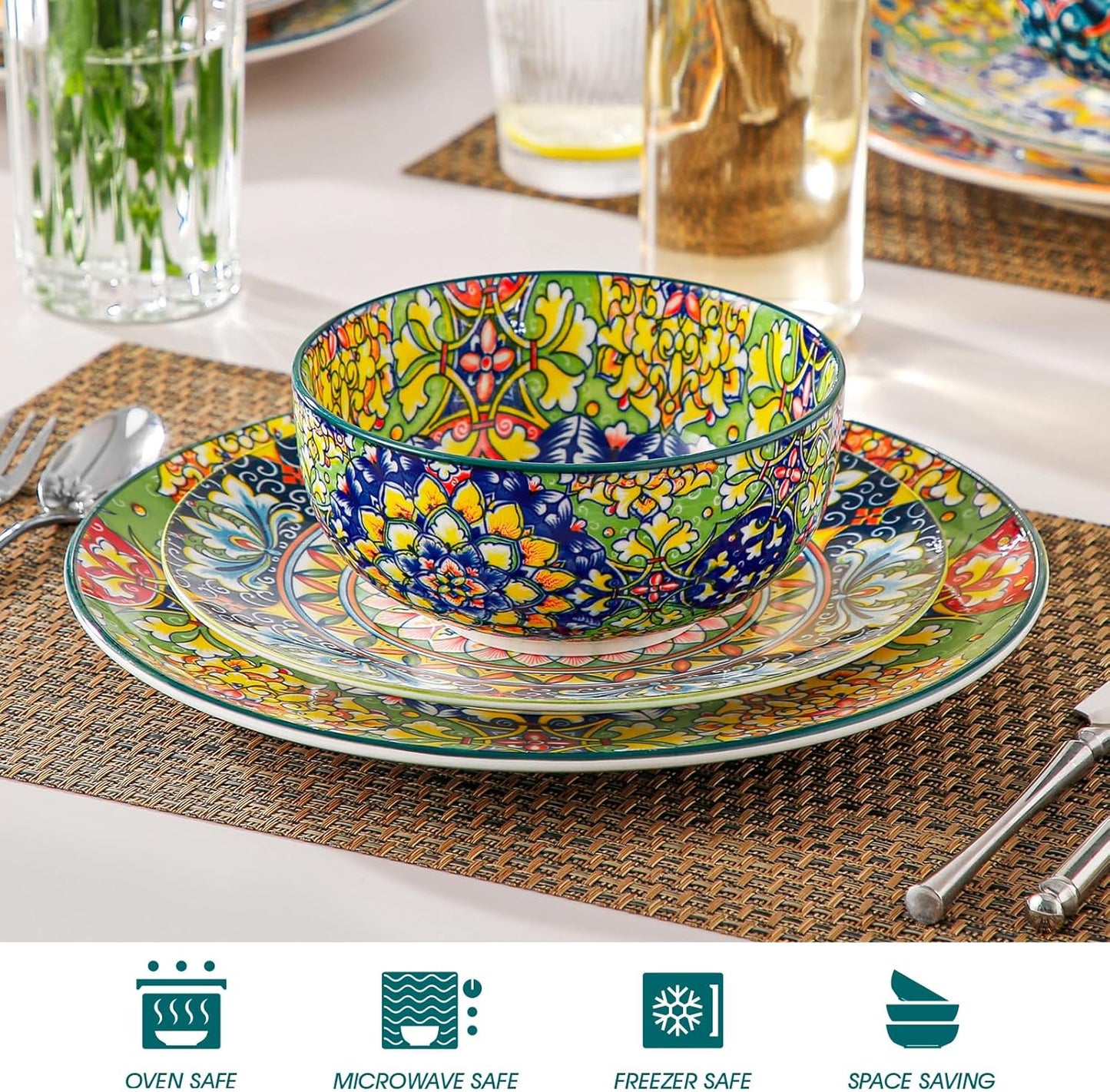 vancasso Cereal Bowls Set of 6, Bohemian Ceramic Soup Bowls, 28 oz Colorful Bowls Set for Kitchen, Dishwasher & Microwave Safe for Salad, Pasta, Rice, Oatmeal, Fruit