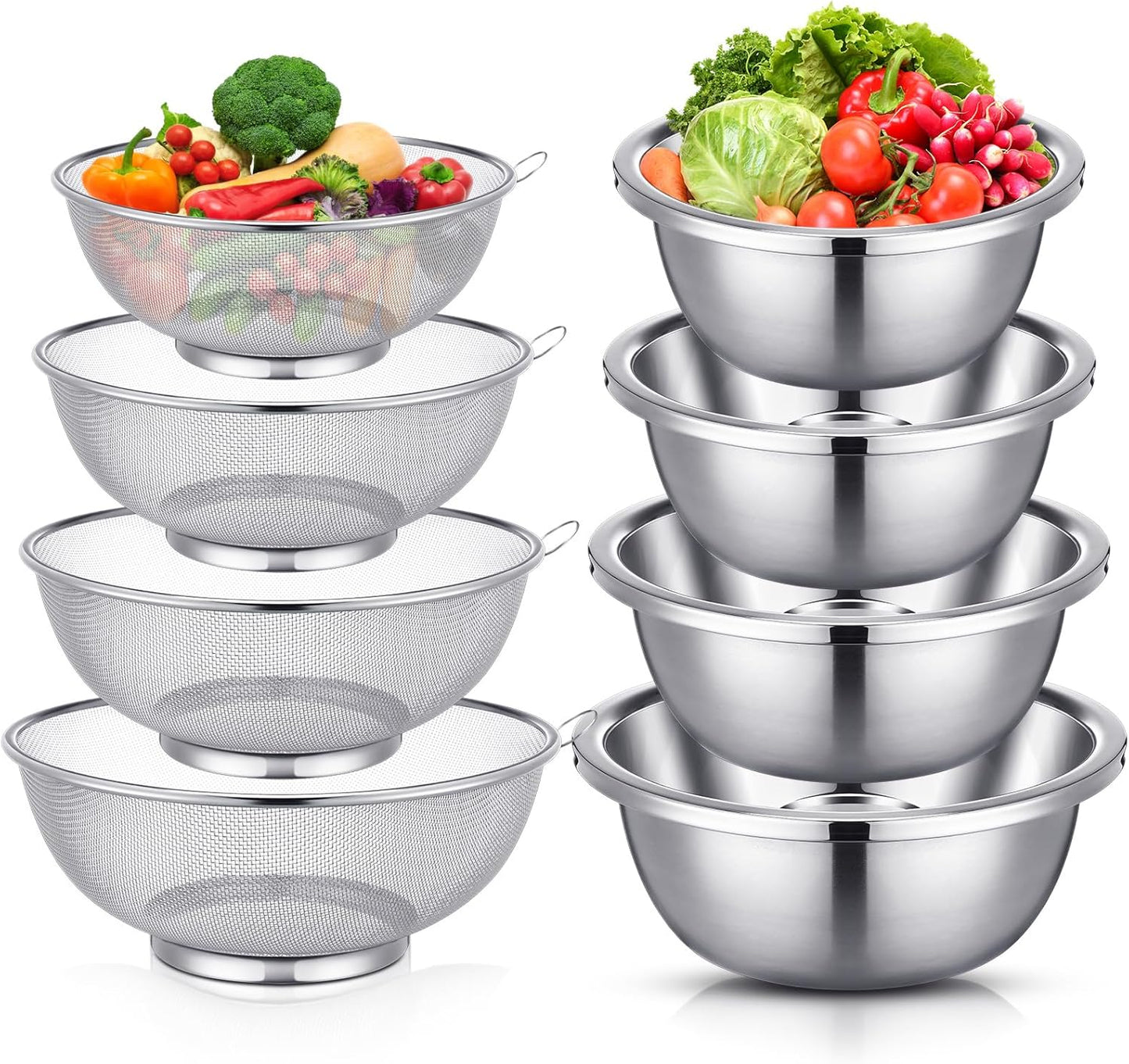 8 Pcs Stainless Steel Microporous Colander Set with 1.2qt 2qt 3qt 5qt Capacity Strainer with Metal Mixing Bowls, Fruit Cleaning Bowl with Strainer for Draining Pasta Vegetables Meat Kitchen