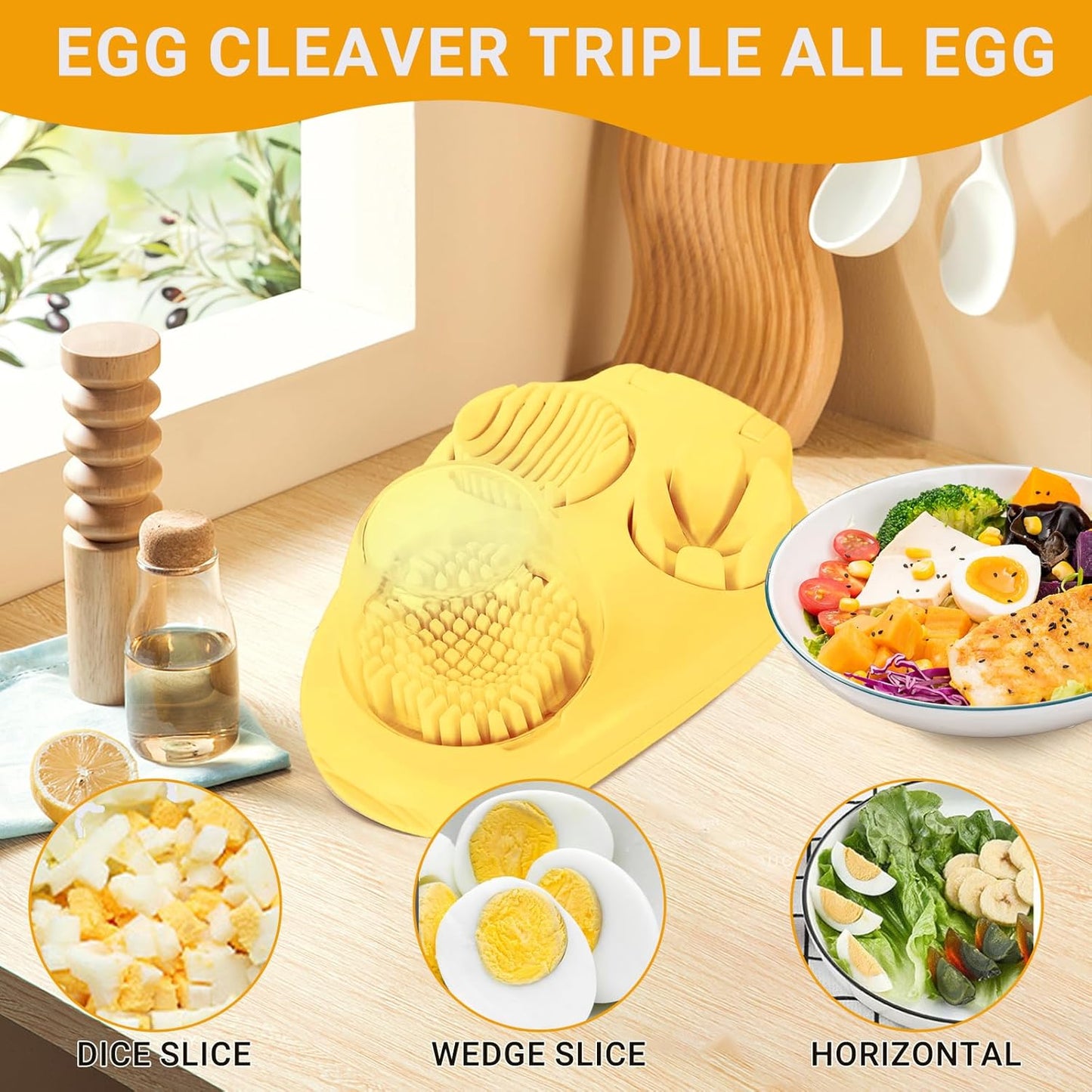 1 Pack Yellow Heavy Duty Egg Slicer with 3 Cutting Modes, Stainless Steel Egg Cutter for Hard Boiled Eggs, Strawberry, Grape, Mushroom, Kitchen Dicer Tool, Send Goods From Local Warehouse