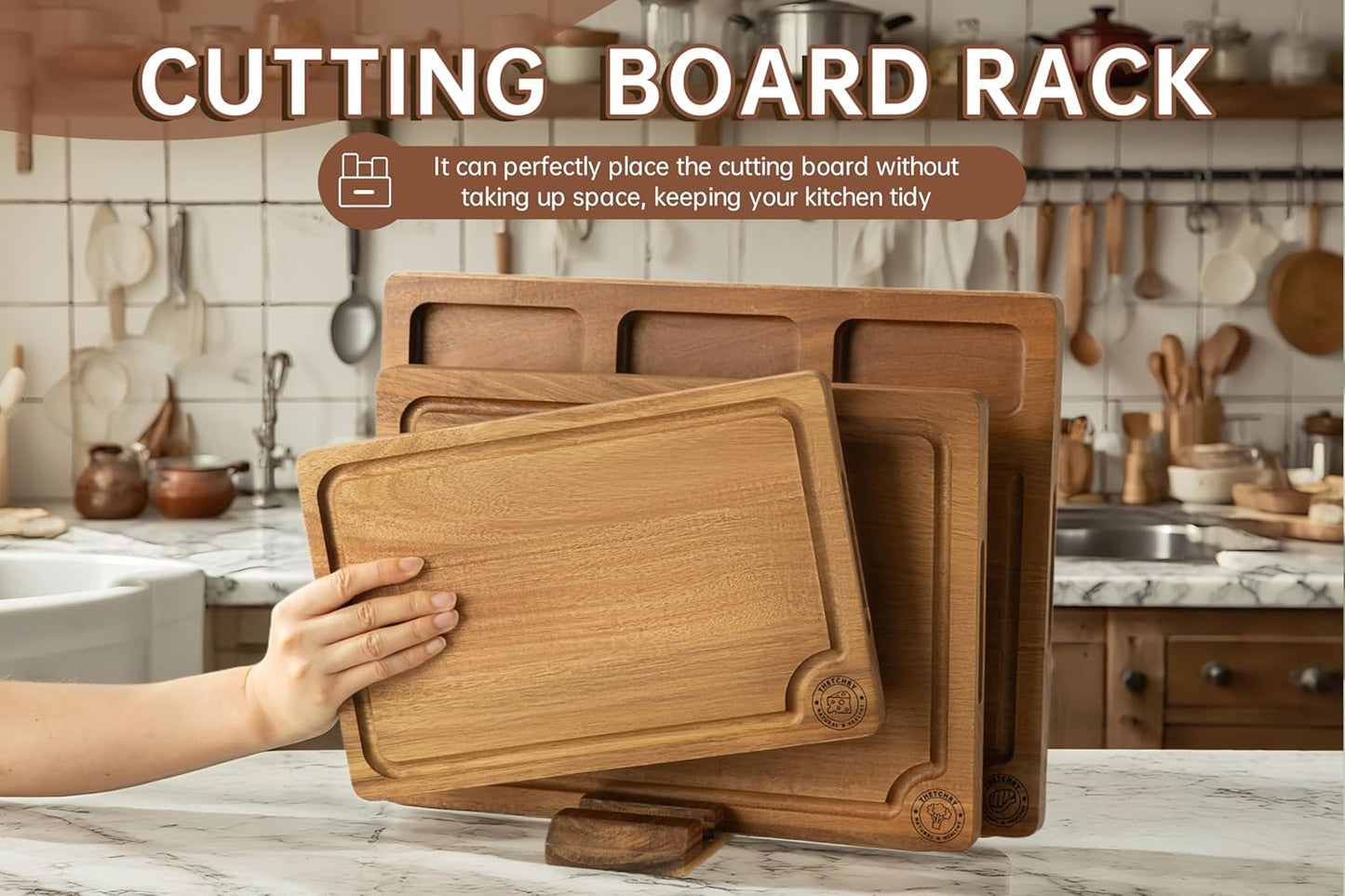 Acacia Wood Cutting Board Set,Thick Wooden Cutting Board for Kitchen with Holder,Chopping Board with Deep Grooves&Built-in Handles, Wooden Charcuterie Board Trays for Meat,Fruit,Cheese