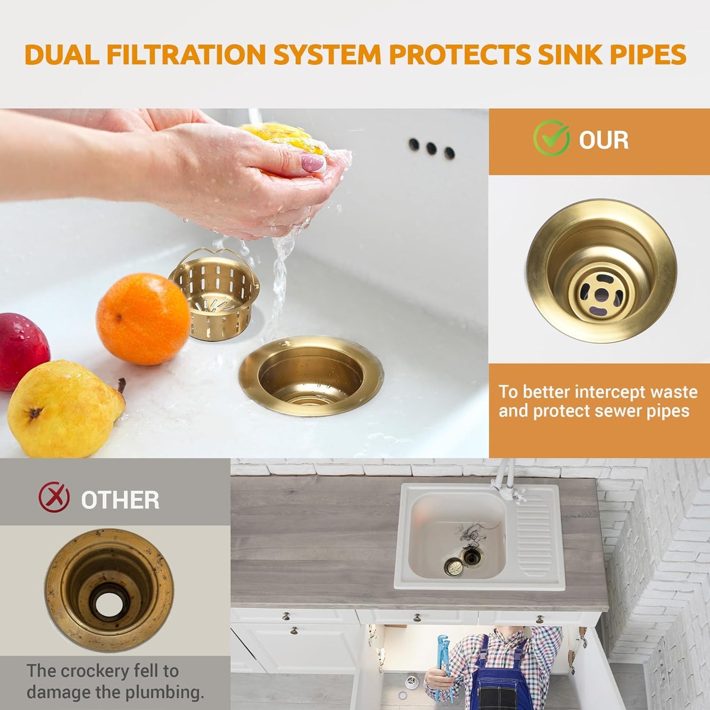 BOTEMY Stainless Steel Gold Sink Drain Strainer 3-1/2'' Kitchen Sink Drain Assembly Kit with Removable Deep Sink Strainer Basket and Sink Stopper Flat Cover Replacement for Home Standard Kitchen Sinks