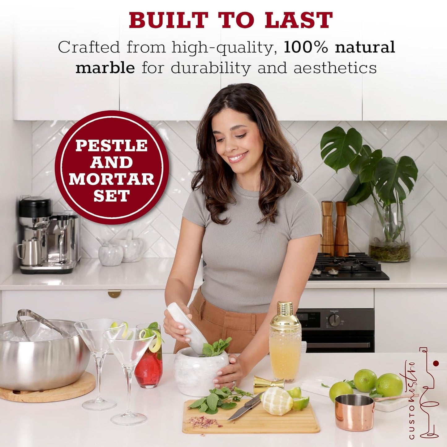 Gusto Nostro Natural Marble Mortar and Pestle Set Small| 4 Inch - 1.5 Cup | Mini Mortar Pestle Set for Grinding Herbs, Nuts, Grains | Pesto Grinding and Guacamole Stone Bowl | Marble Spice Crusher