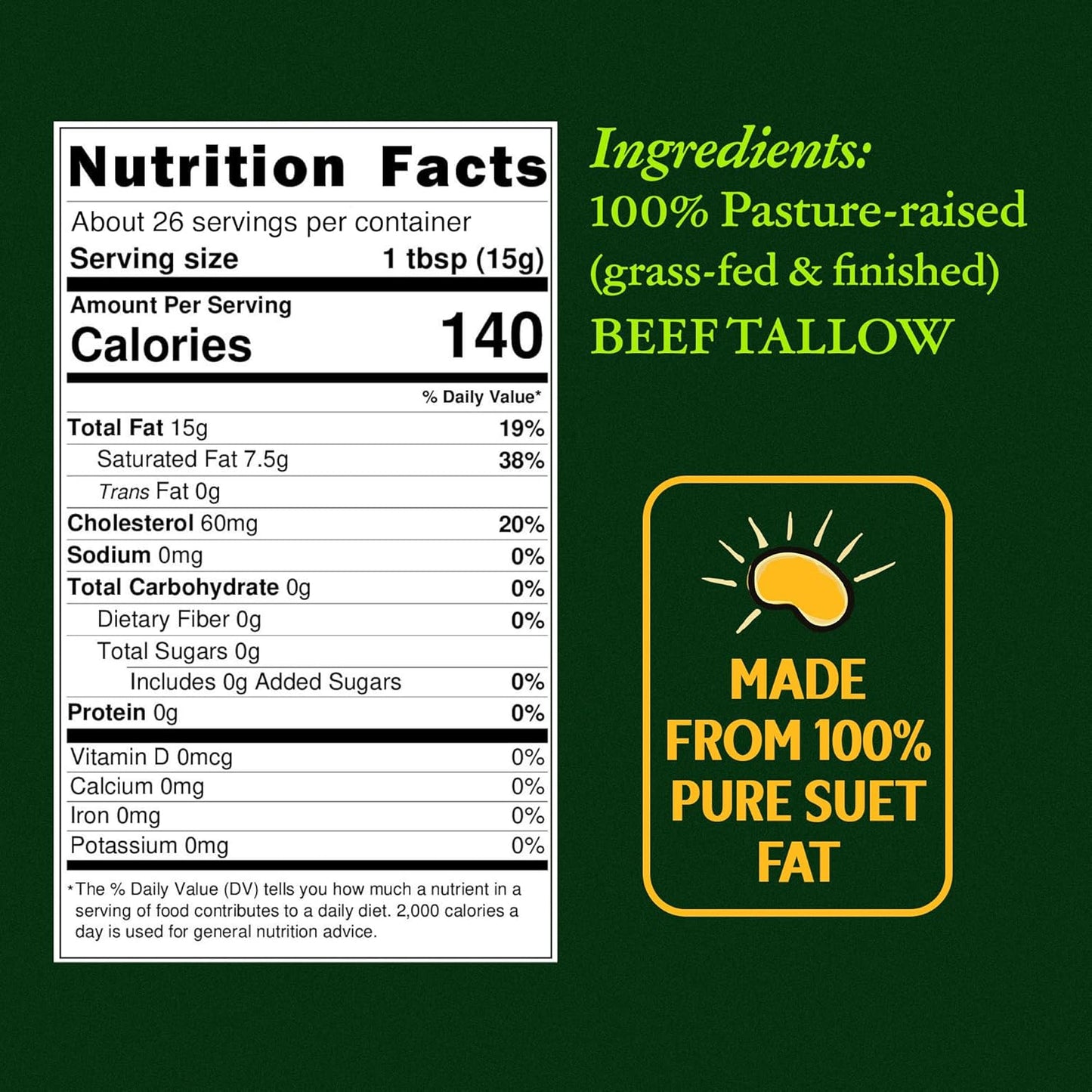 Pasture Raised Beef Tallow, Grass-Fed & Grass-Finished, Made from Beef Suet for more nutrients, Glass Jar