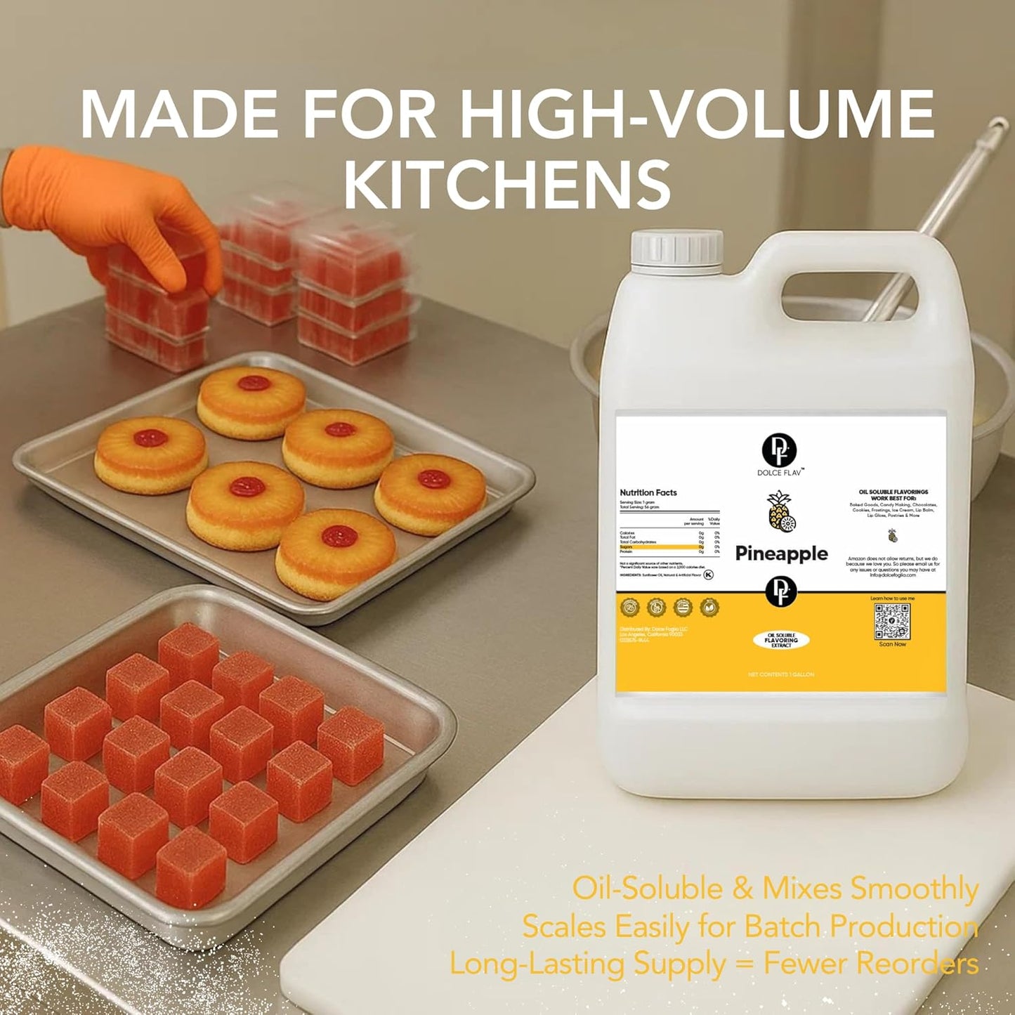 Dolce Flav Pineapple Extract – 1 Gallon Oil-Soluble Kosher, Sugar-Free, Concentrated Tropical Flavor for Candy, Chocolates & Desserts, Includes Measured Dropper