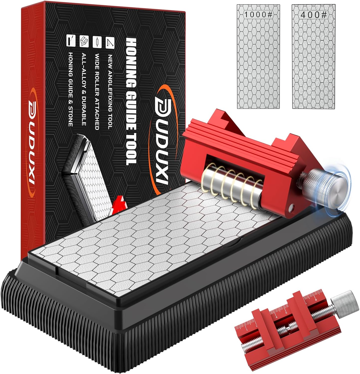 Honing Guide with Whetstone for Woodworking,Sharpening Jig Center Upgraded Honing Tool and Diamond Chisel Sharpening Stone Set Kit for Knife, Short Chisels and Planes, Fine/Coarse Plate, 400/1000/Grit