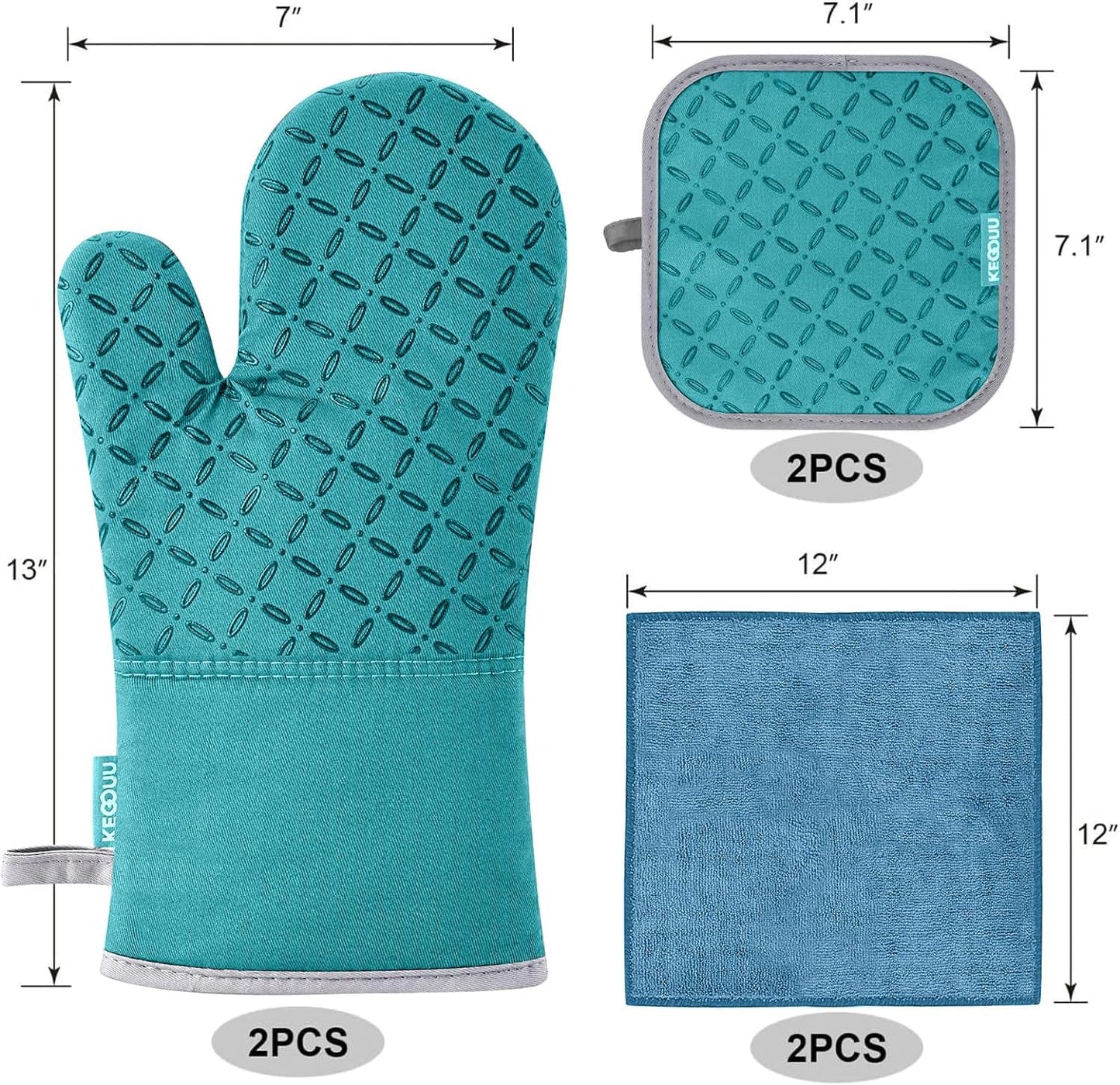 KEGOUU Oven Mitts and Pot Holders 6pcs Set, Kitchen Oven Glove High Heat Resistant 500 Degree Extra Long Oven Mitts and Potholder with Non-Slip Silicone Surface for Cooking (Lake Blue)