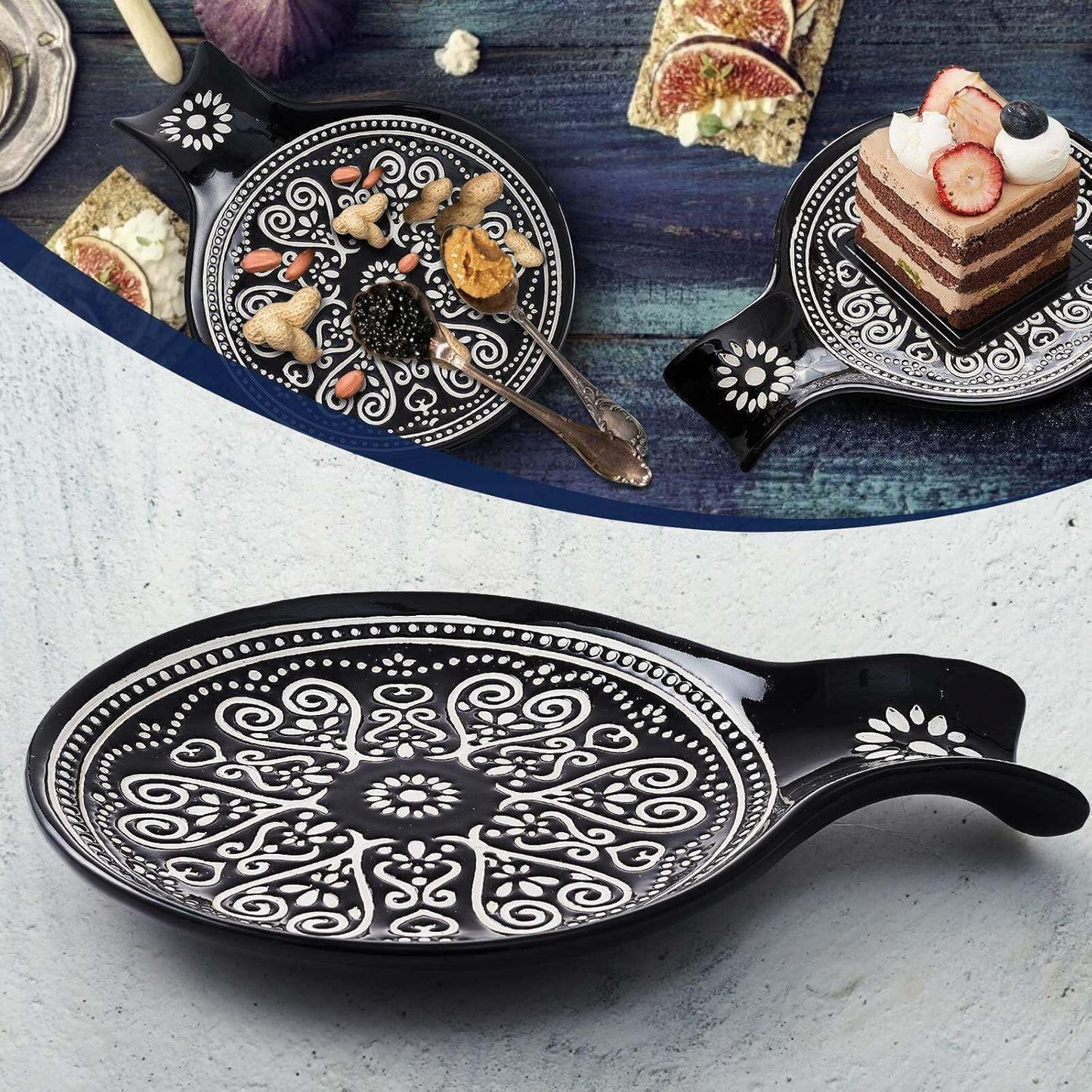 Ceramic Spoon Rest, Cooking Spoon Holder for Kitchen Counter/Stove Top/Dining Table Modern Farmhouse Decorative, Large (Black)