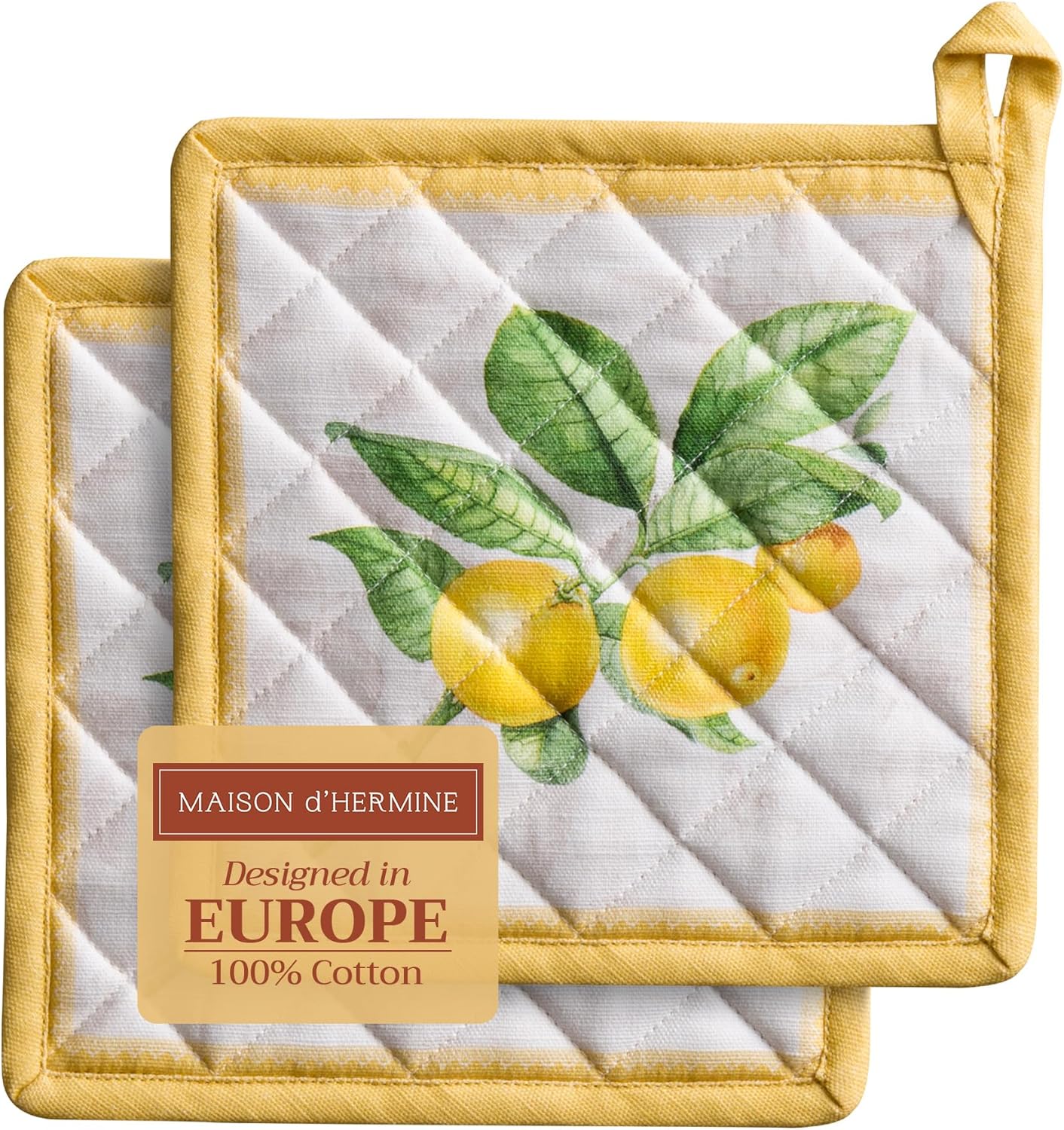 Maison d' Hermine Pot Holders Set 100% Cotton Heat Resistant Potholders 8" x 8" Hot Pads with Loop BBQ, Cooking, Baking, Grilling, Kitchen, Handling Hot Pans Spring/Summer (Pack of 2, Limoncello)