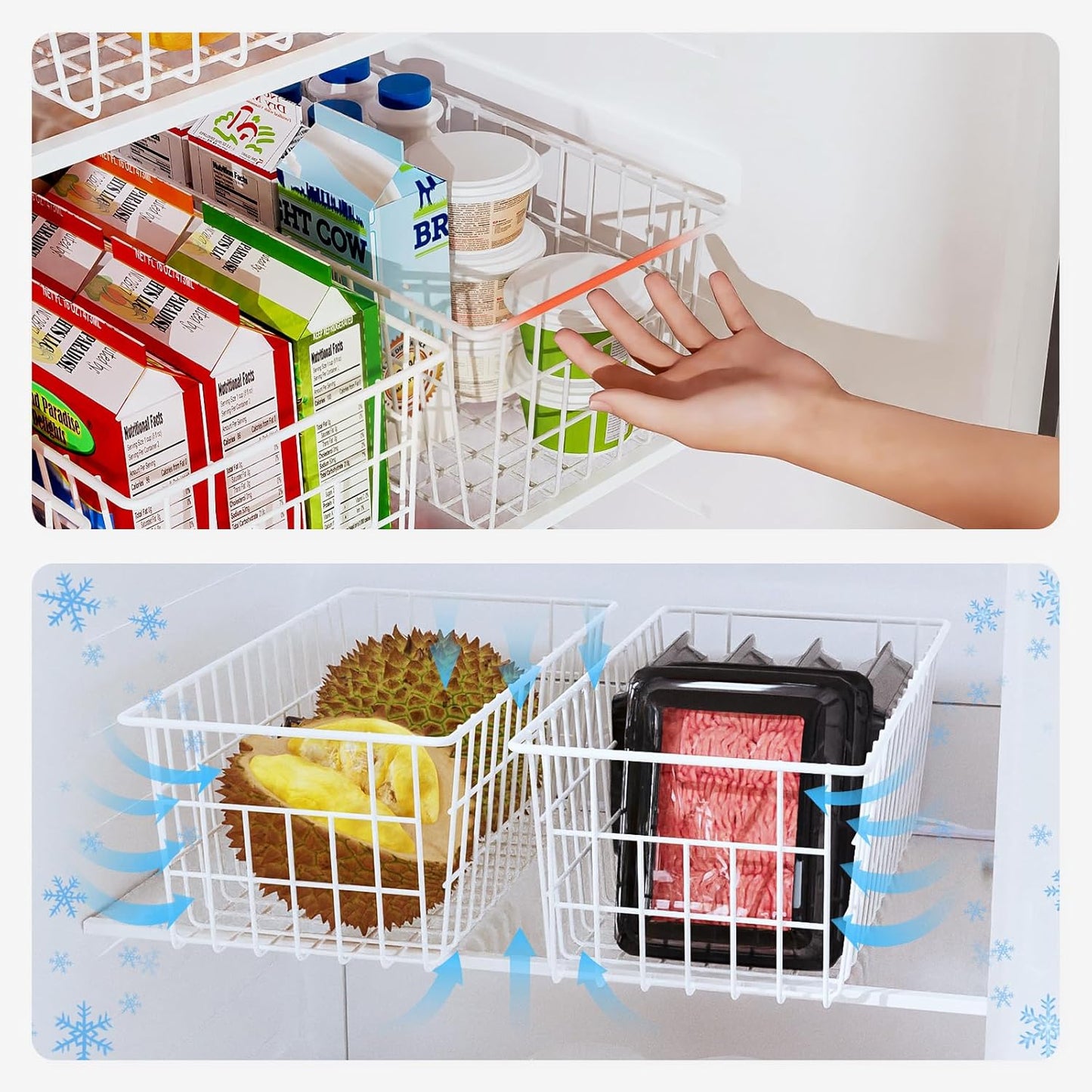 Orgneas Freezer Organizer Bins, Upright Freezer Basket Drawer Organizer Bins, Better Air Circulation Metal Wire Storage Container Bin For Chest Deep Freezers, Easy Sort & Get Food, 2 Large 2 Medium