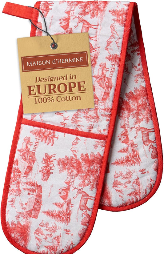 Maison d' Hermine Double Oven Mitts 100% Cotton 7"x35" Double Oven Mitt Heat Resistant BBQ Cooking Gloves with Loop, Baking, Grilling, Home, Kitchen, Handling Hot Pans (Winter Jouy)