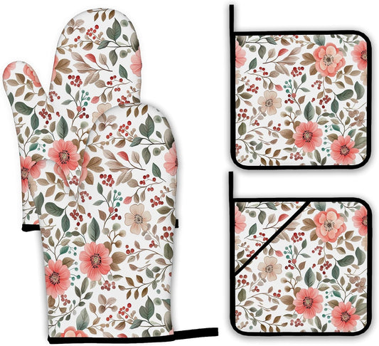 Pink Poppy Floral Oven Mitts and Pot Holders Set,Berry Kitchen Decor Heat Resistant Non Slip Hot Pads and Oven Mitt for Chef Cooking Baking BBQ Mom Girl Gifts(4 Piece Set)