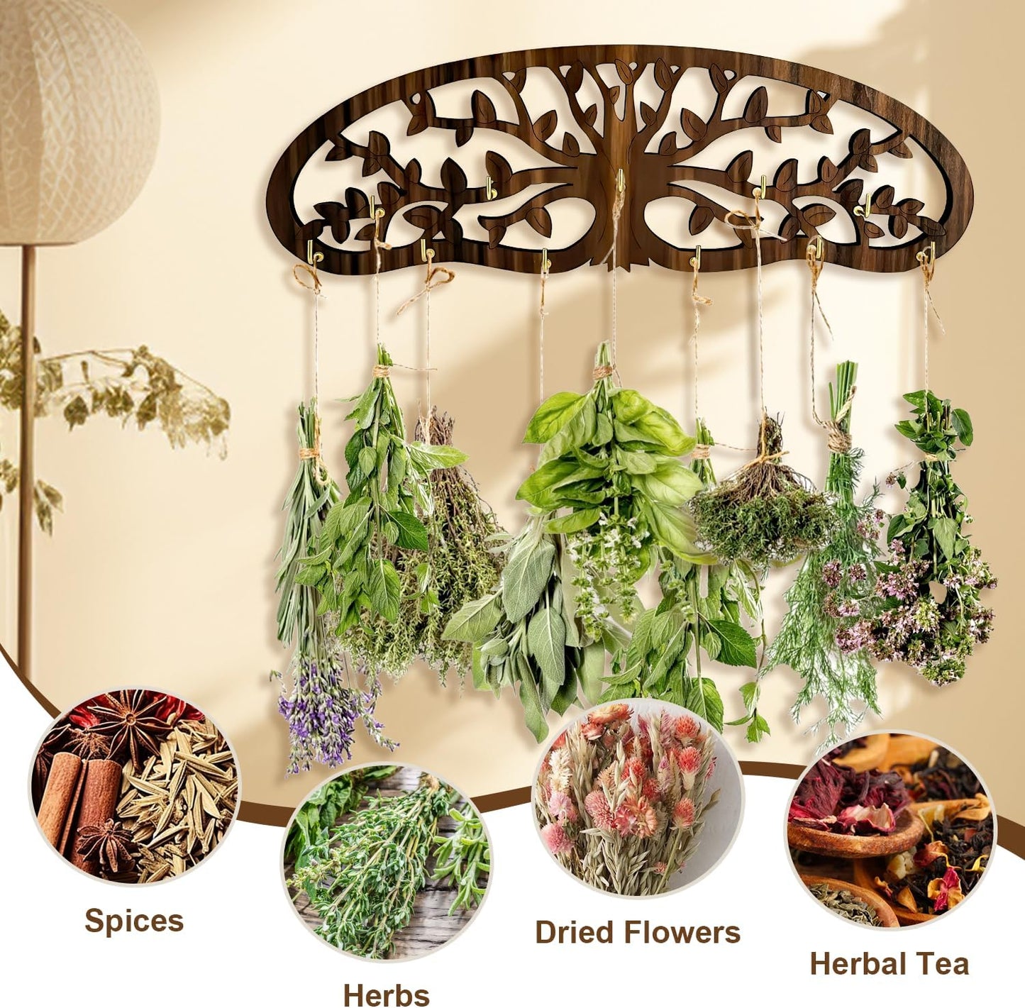 Herb Drying Rack - Wall Mounted Tree Design Holds 11 Bouquets, Space Saving Kitchen Herb & Flower Dryer, Rustic Wooden Hanging Decor for Gardeners, Crafters (dark brown)