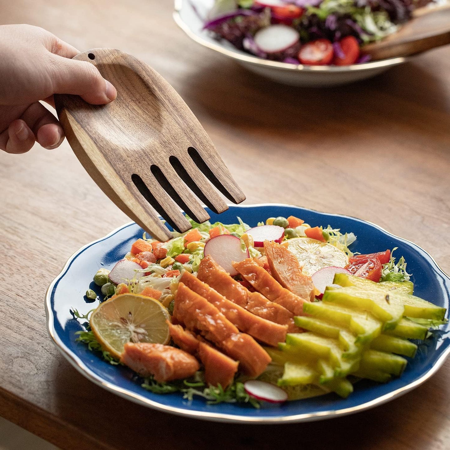 Muso Wood Acacia Salad Hands, Wooden Salad Tongs for Serving Salad Mixes, Set for Serving Salad Fruit on Your Kitchen Counter, 5.12" x 3.62" x 0.39", One Pair