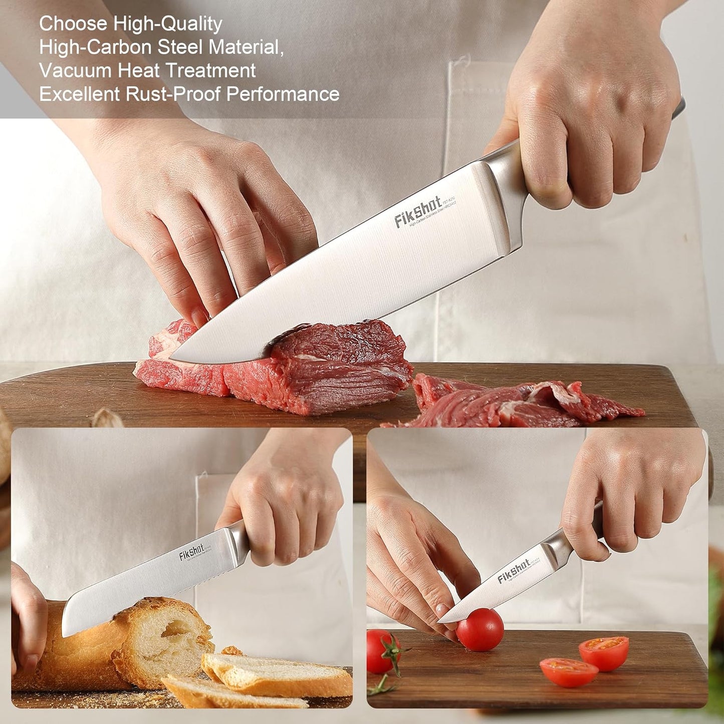 Knife Block Set, Kitchen Knife Sets with Block, FIKSHOT Knives Set for Kitchen - Razor-Sharp Santoku Knife, Fruit and Kitchen Sets - Rust Resistant for Homecooks (Silver + Walnut)