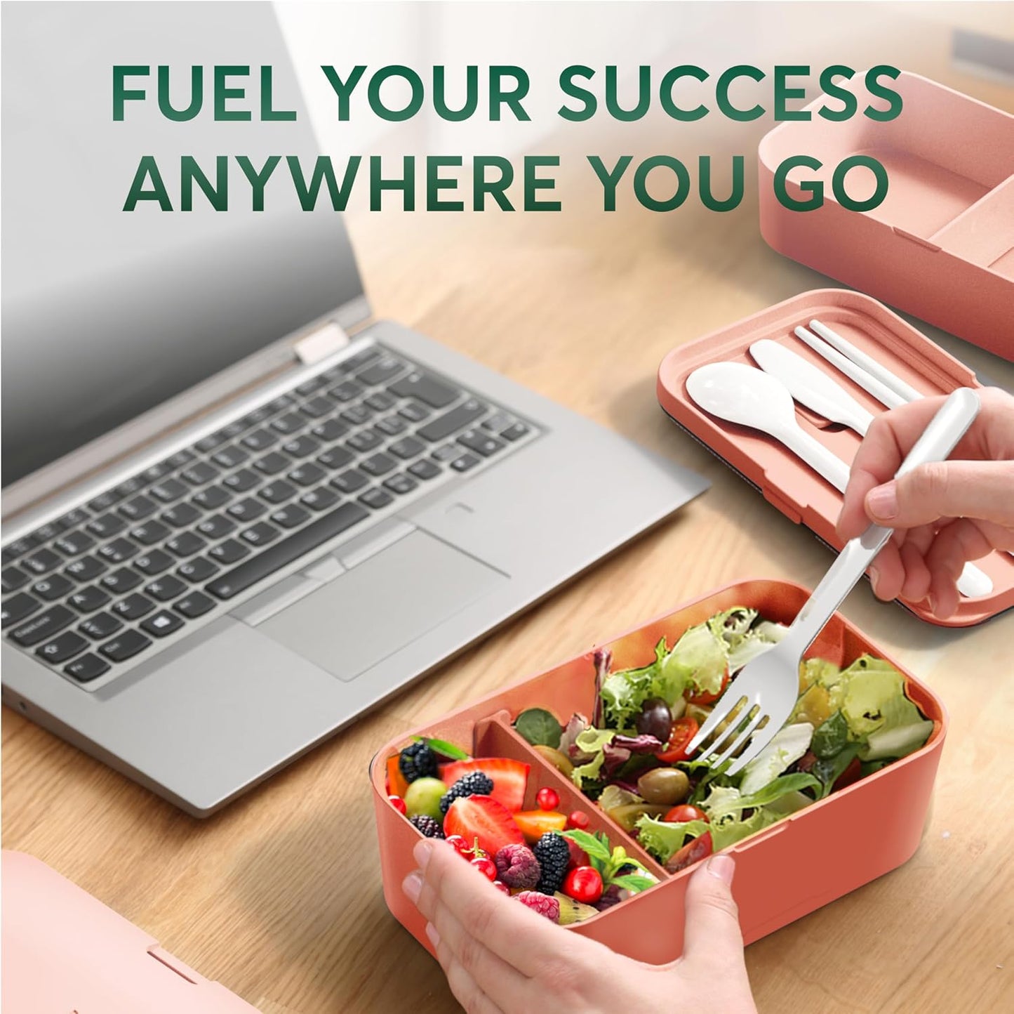 Umami Lunch Box Containers w/ 4 Utensils, Sauce Jar, Nestable Space-Saving Bento Box Adult, 100% Leakproof, Microwavable Lunch Containers for Adults, Design Award Winner, Coral Pink, 30 oz