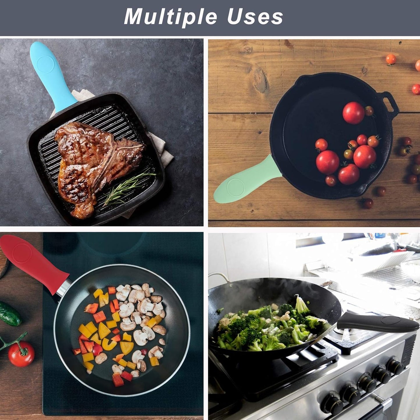 Silicone Hot Handle Holder - Potholder for Cast Iron Skillets & Frying Pans - Heat Resistant Sleeve Grip Handle Cover, Red, Black, Blue, Green