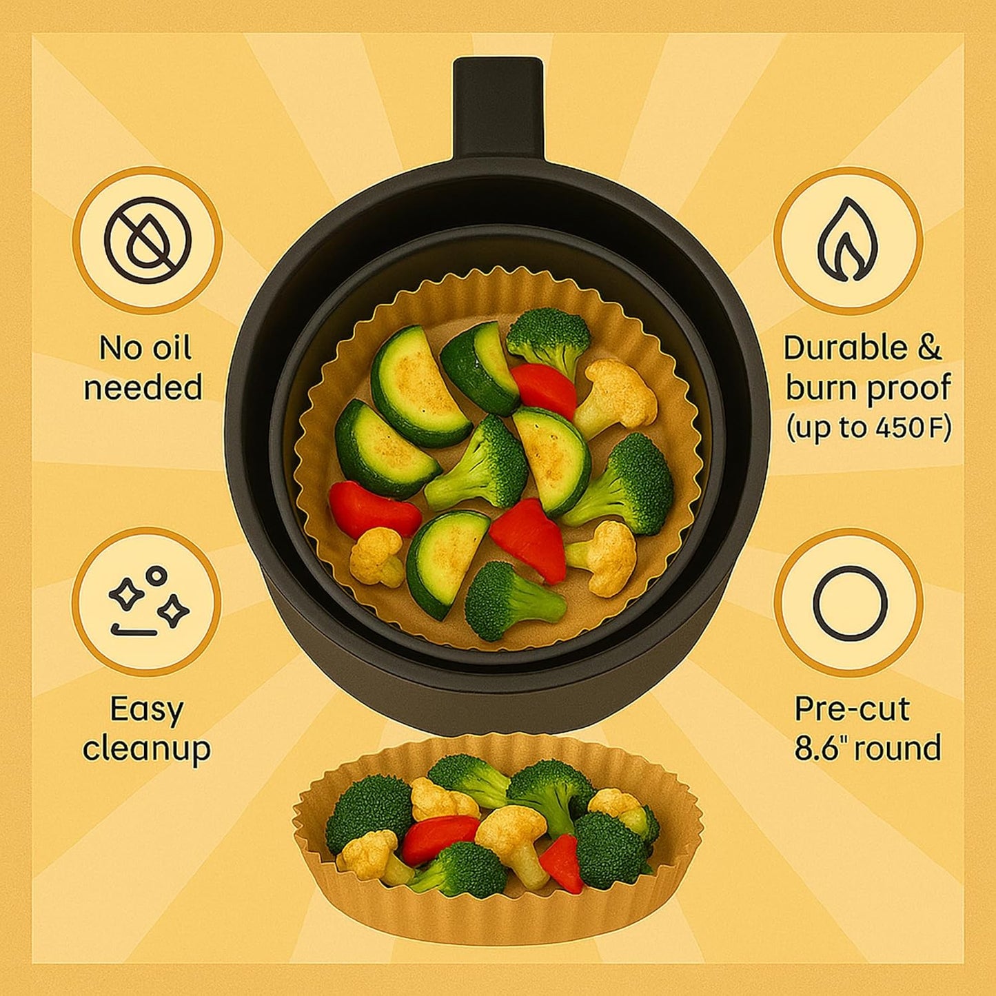 Mindful Design Air Fryer Paper Liners,125Pcs Parchment Paper, Air Fryer Disposable Liner for Microwave, Non-Stick Round Free of Bleach (8IN)