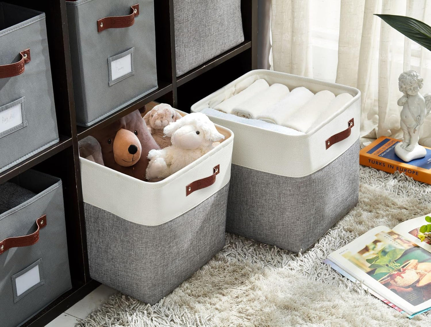 DECOMOMO Storage Cubes, 12x12 Storage Bins, Baskets for Shelves (Grey & White, Cube 12" - 4 Pack)