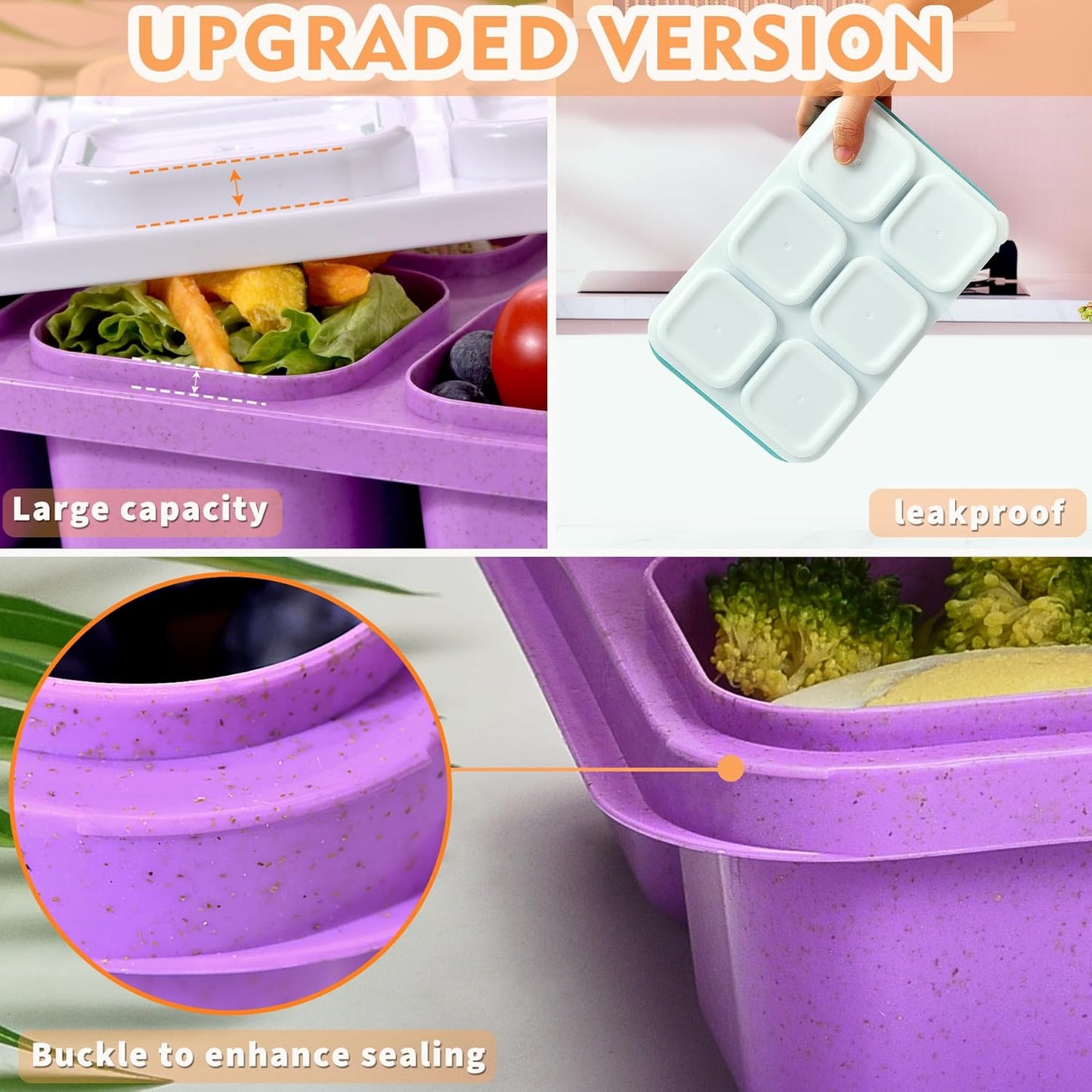 4-Pack Bento Box & Snack Containers for Kids & Adults | 6-Compartment with 4 Sauce Cups | BPA-Free, Dishwasher Safe | Ideal for School, Office, Picnic & Travel (38oz/1100ml)